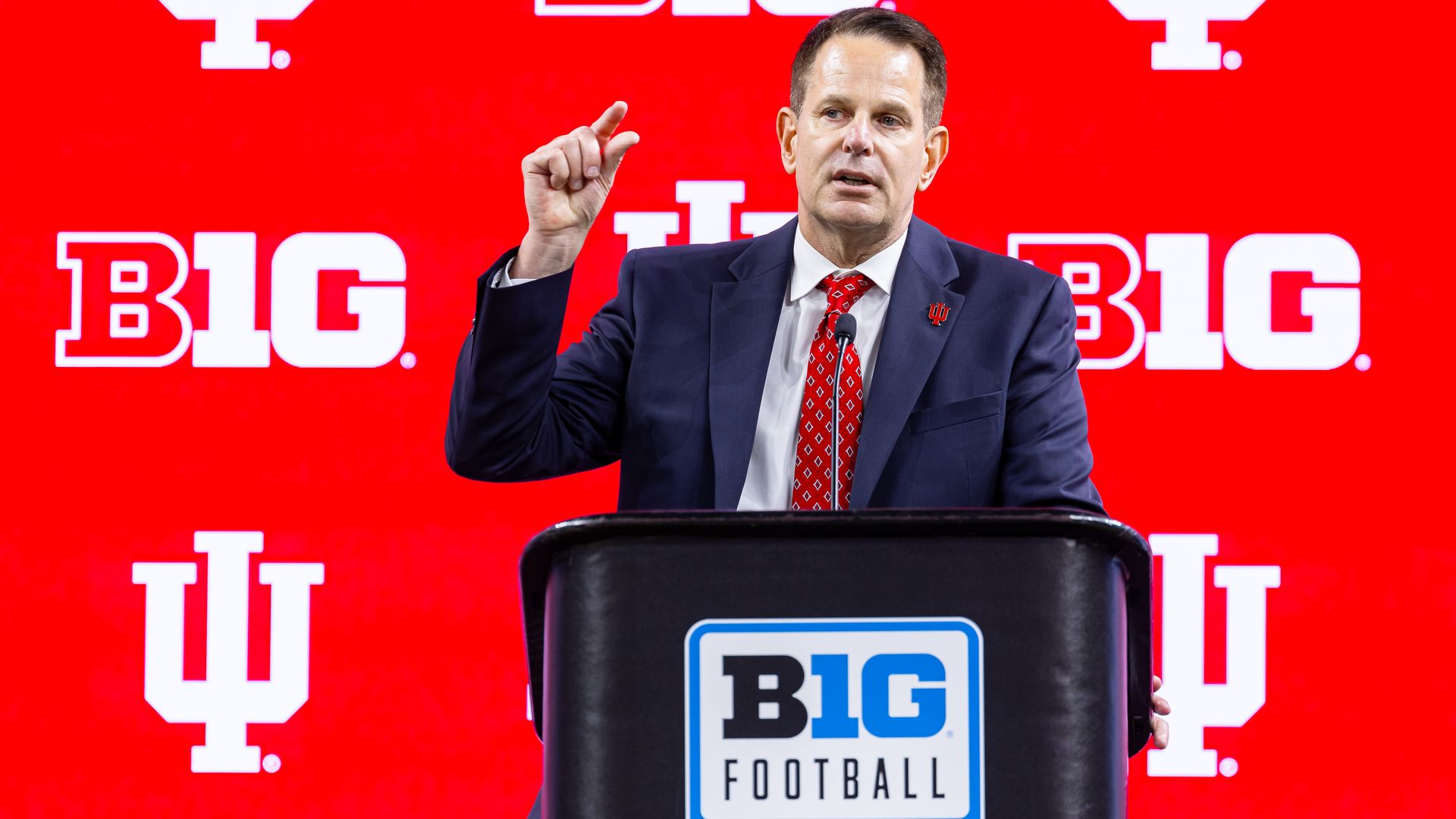 Head coach Curt Cignetti of the Indiana Hoosiers speaks to the media during Big Ten football media days at Lucas Oil Stadium on July 25, 2024 in Indianapolis, Indiana. (Photo by Michael Hickey/Getty Images)