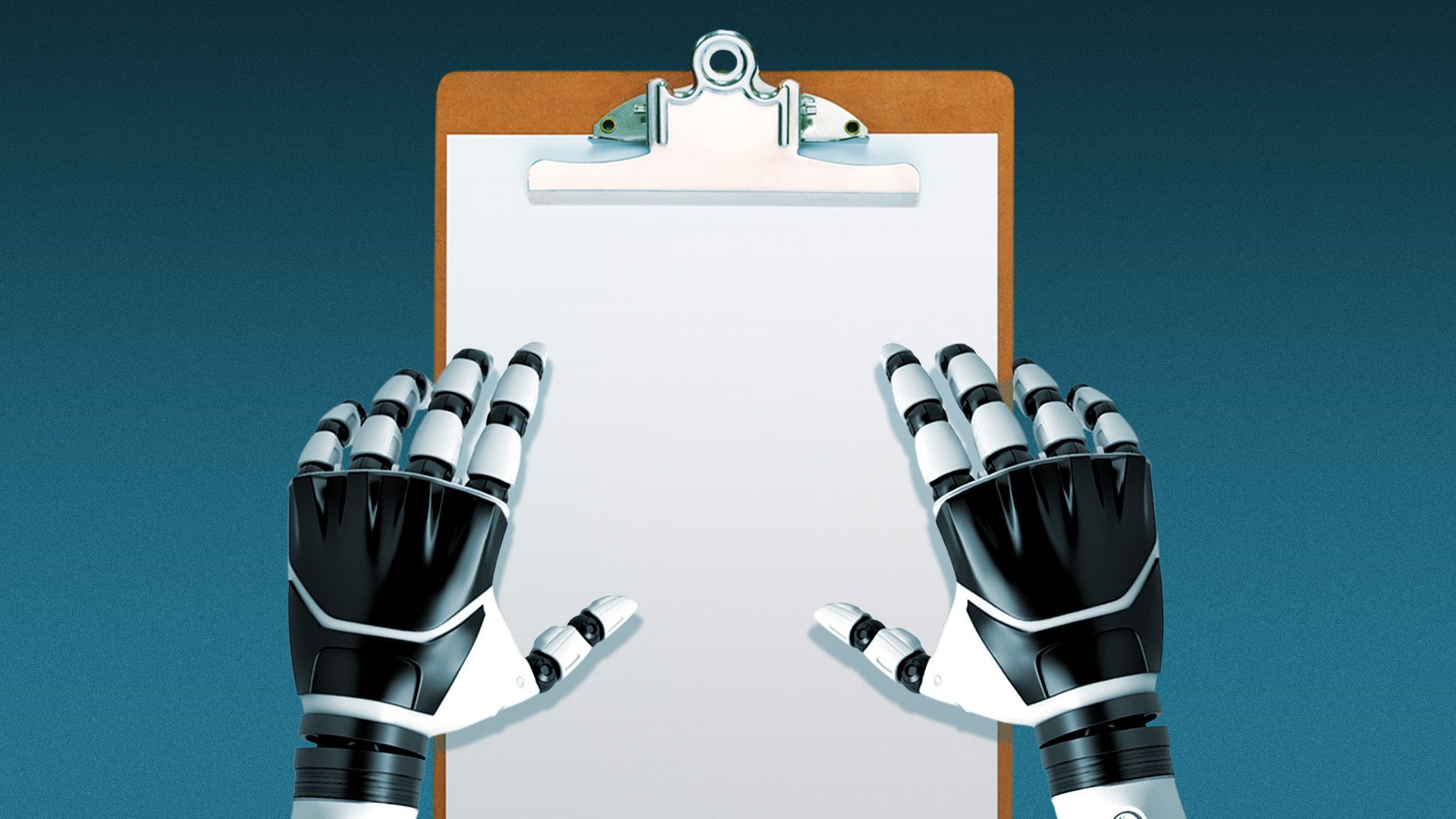 Illustration of robot hands holding a clipboard.