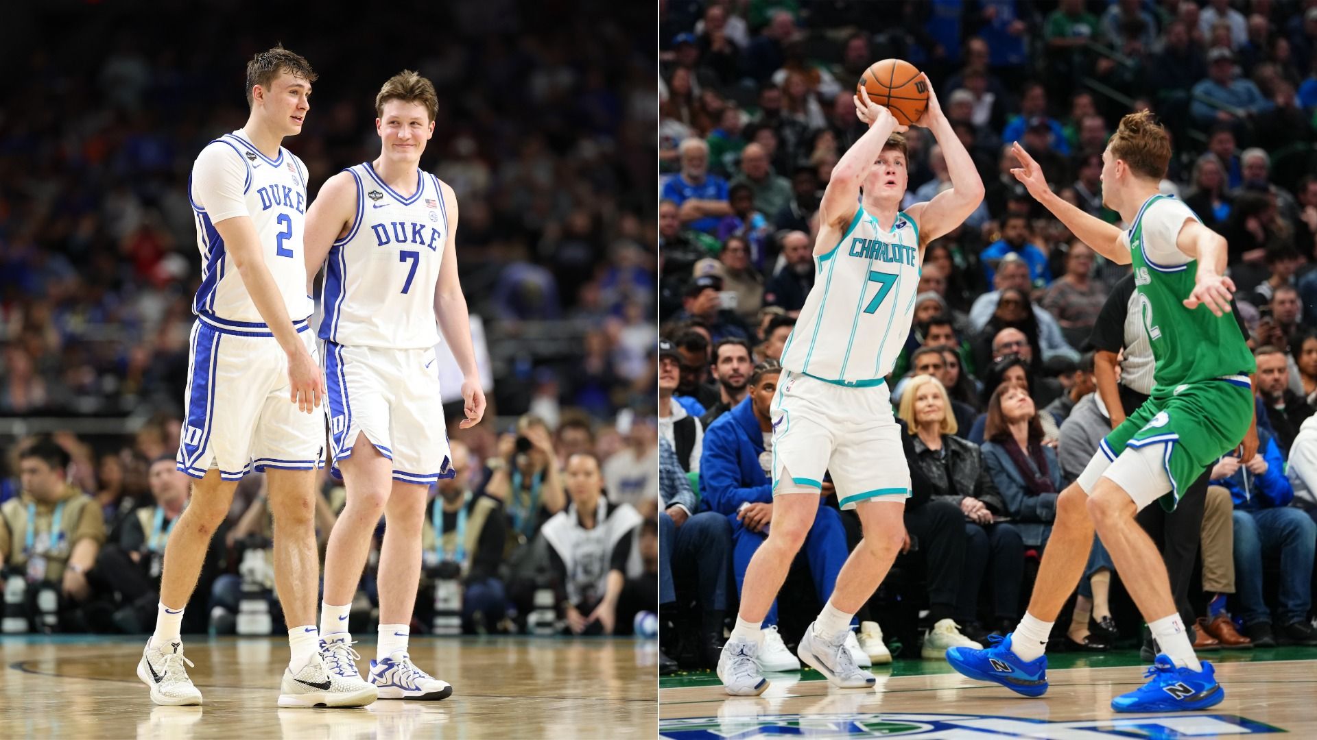 Two Duke basketball players, Cooper Flagg and Kon Knueppel, in white uniforms stand courtside; on the right, Charlotte player in white and teal shoots a basketball over a defender in green and blue during a game.