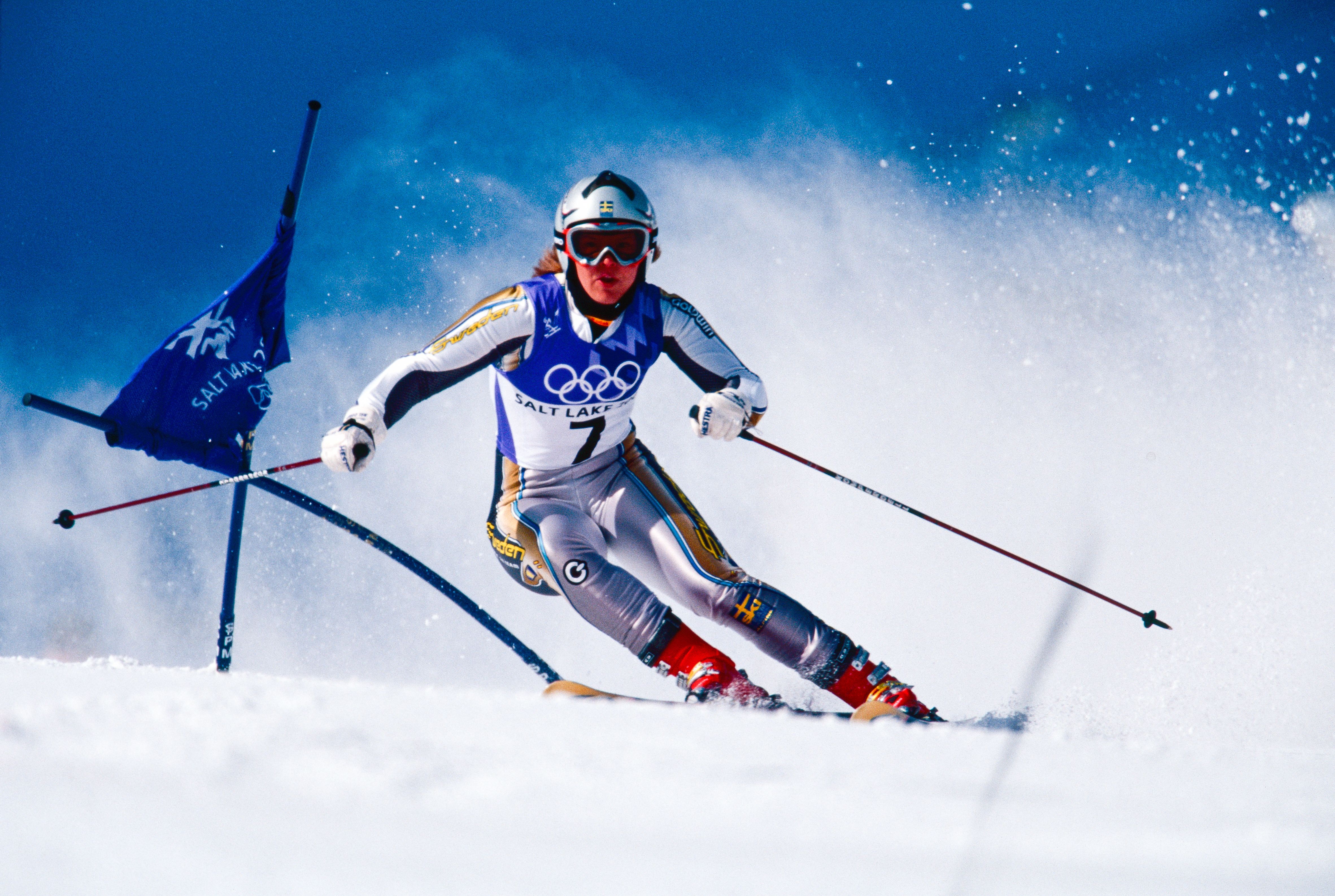 Anja Paerson of Sweden in action and coming second in the Women's Giant Slalom at the Winter Olympics on February 22, 2002 in Snowbasin, Utah. (Photo by Simon Bruty/Anychance/Getty Images)