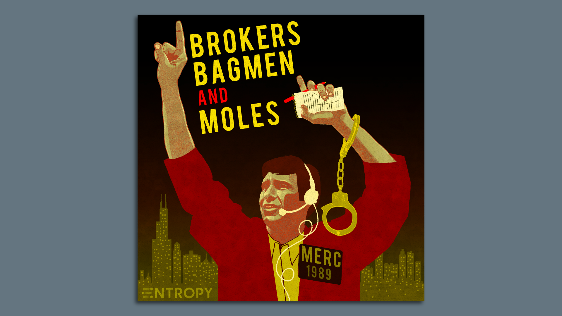 An illustration of a man wearing a headset, with a badge that says "Merc 1989," holding his hands up in the air, with a handcuff hanging from one.