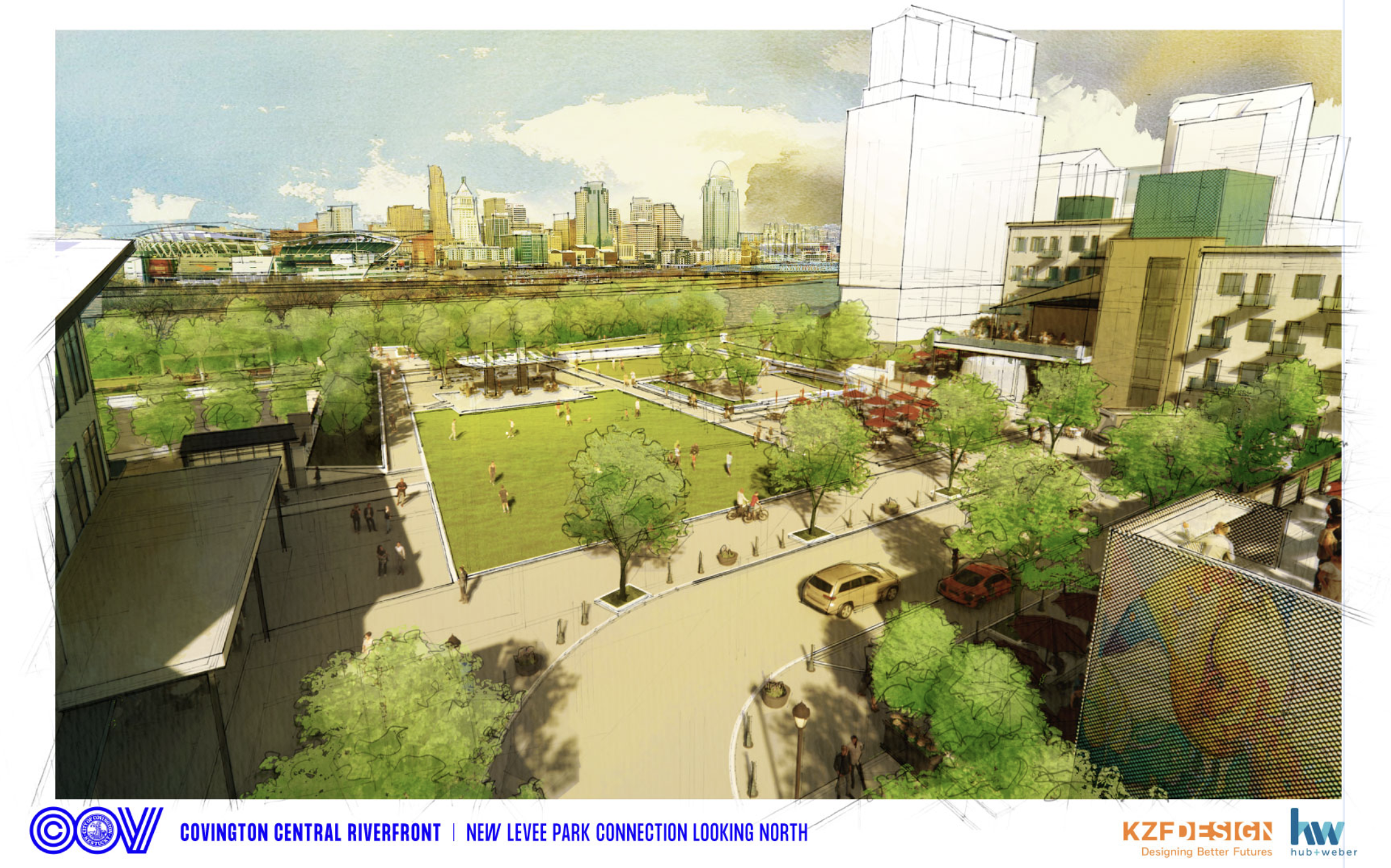 Watercolor architectural rendering of a city riverfront park: green lawn with trees and people, paved paths, and a distant skyline of tall buildings; white modern structures on the right.