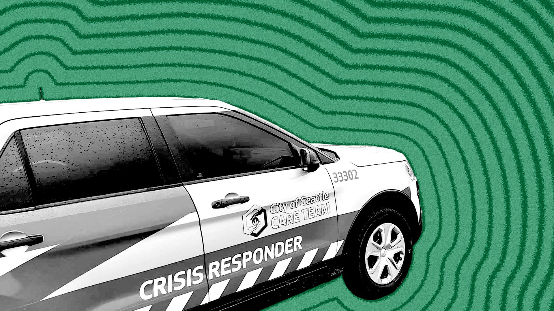 Photo illustration of a Seattle Care Team cruiser with lines radiating from it.