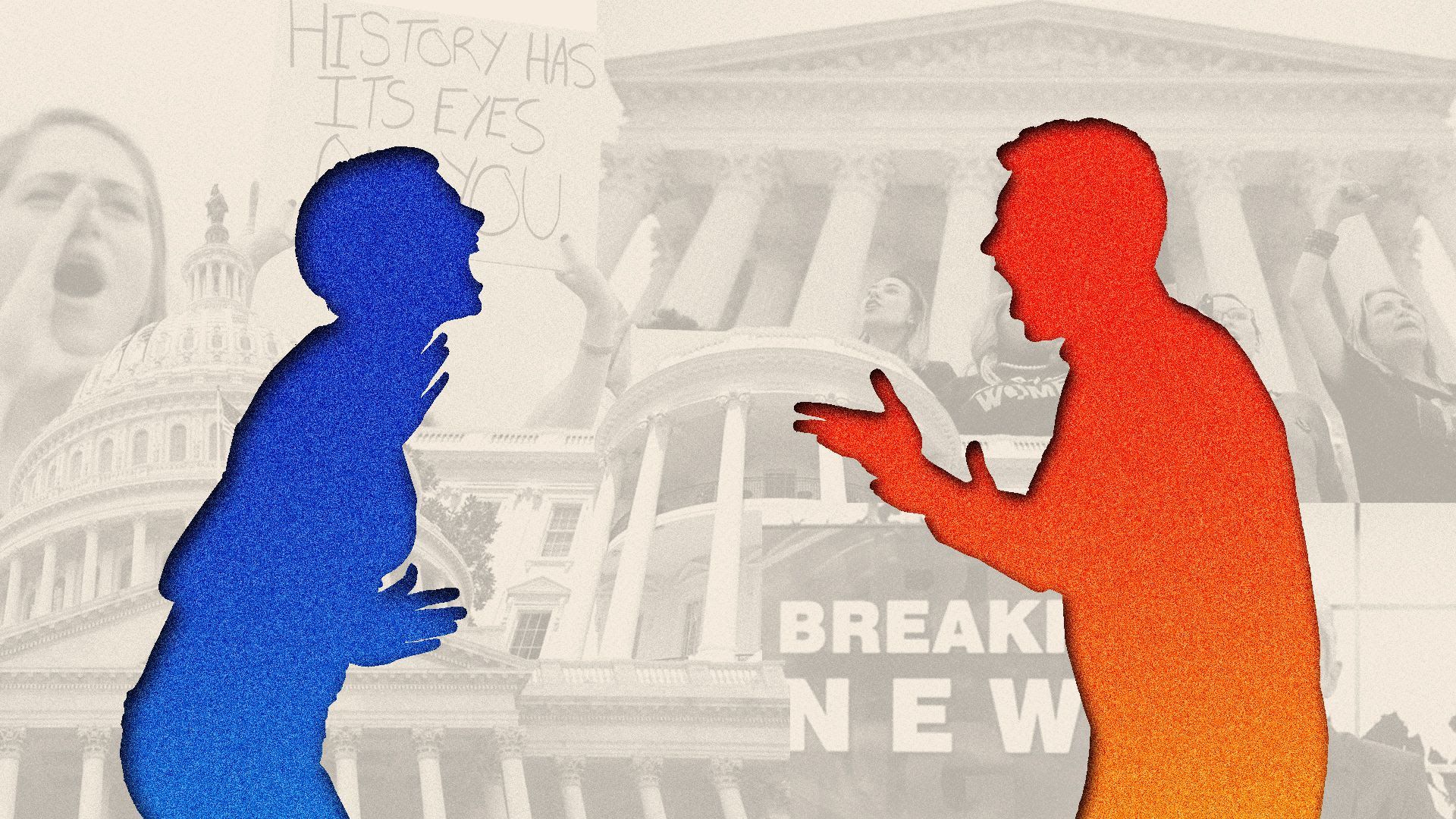 An illustrations of a blue person and a red person screaming at one another set against a partisan backdrop in Washington