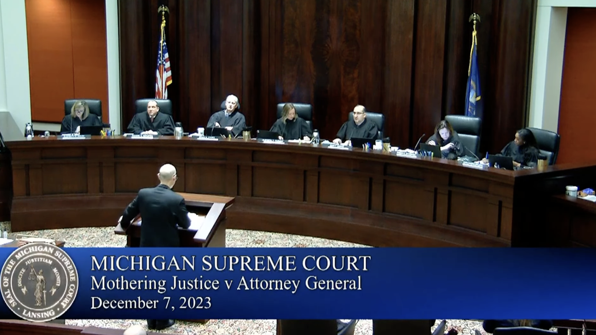 An official from the Attorney General's office argues that adopt and amend is constitutional Thursday, Dec. 7 in Lansing. Photo: Michigan Supreme Court/Youtube