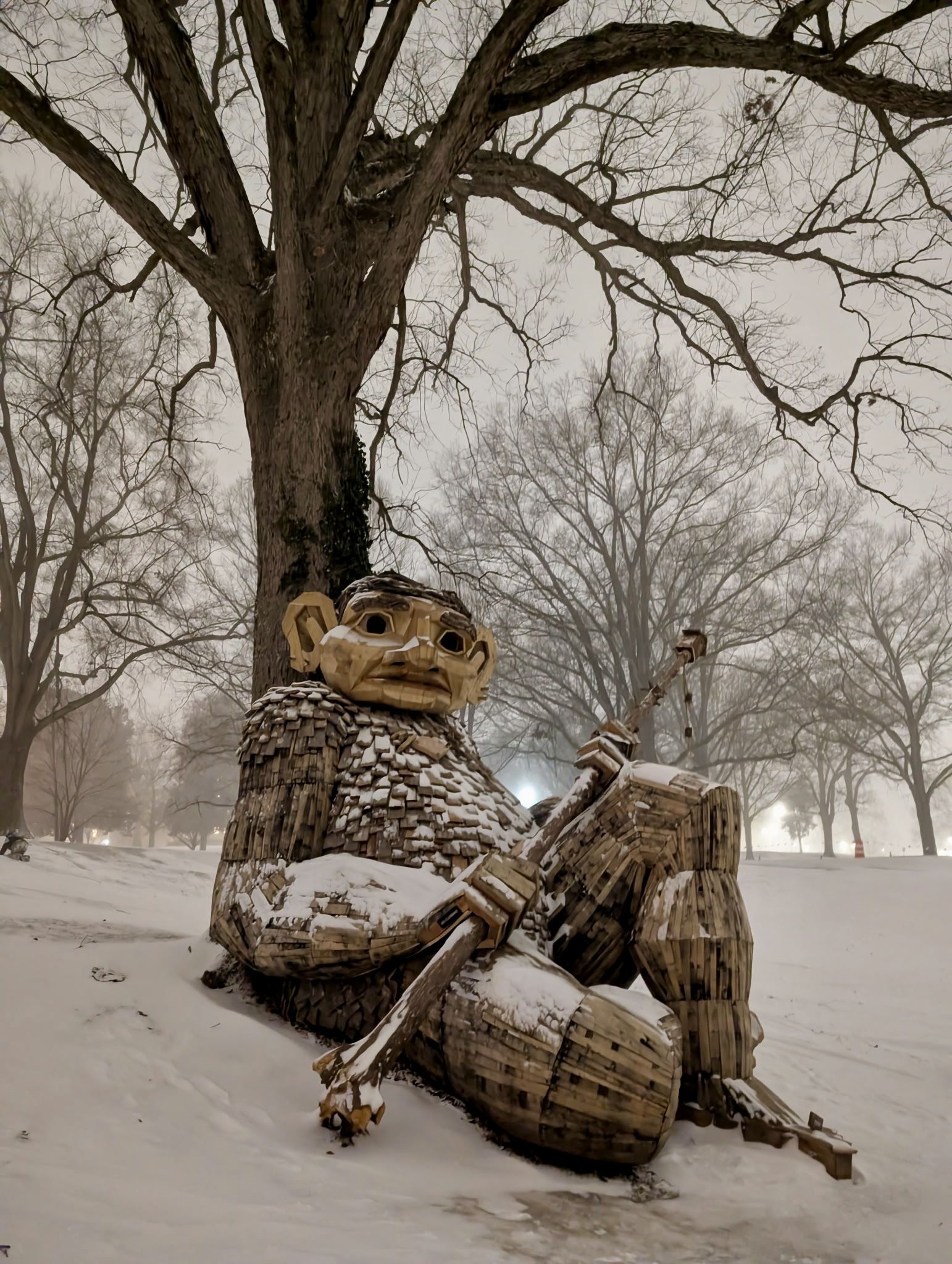 Large wooden sculpture of a seated troll holding a club, covered in snow, leaning against a tree in a snow-covered park with bare trees on a foggy day.
