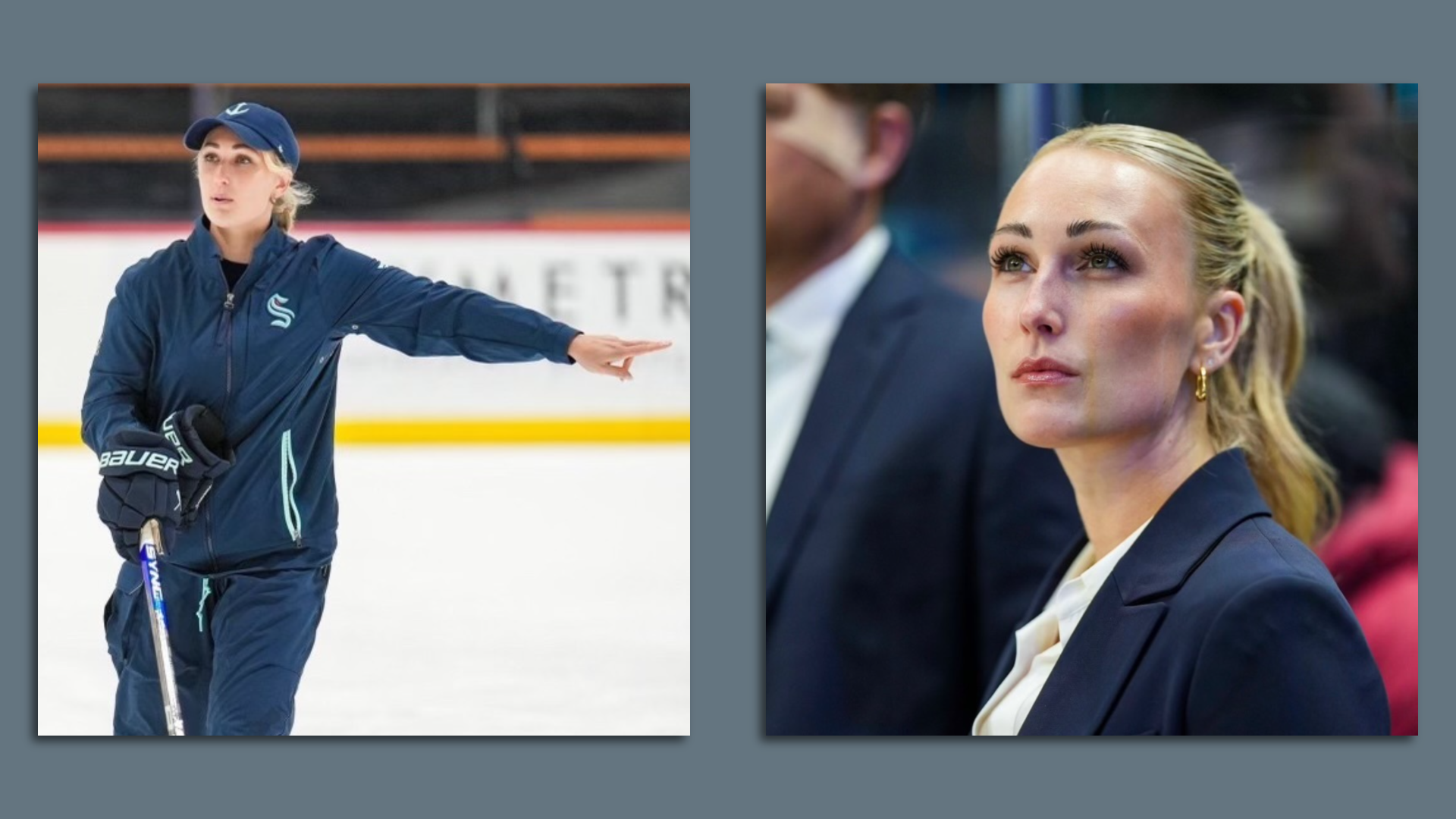 Two photos of a blond woman, one in a coaching uniform with the Kraken logo, another of her in a suit. 