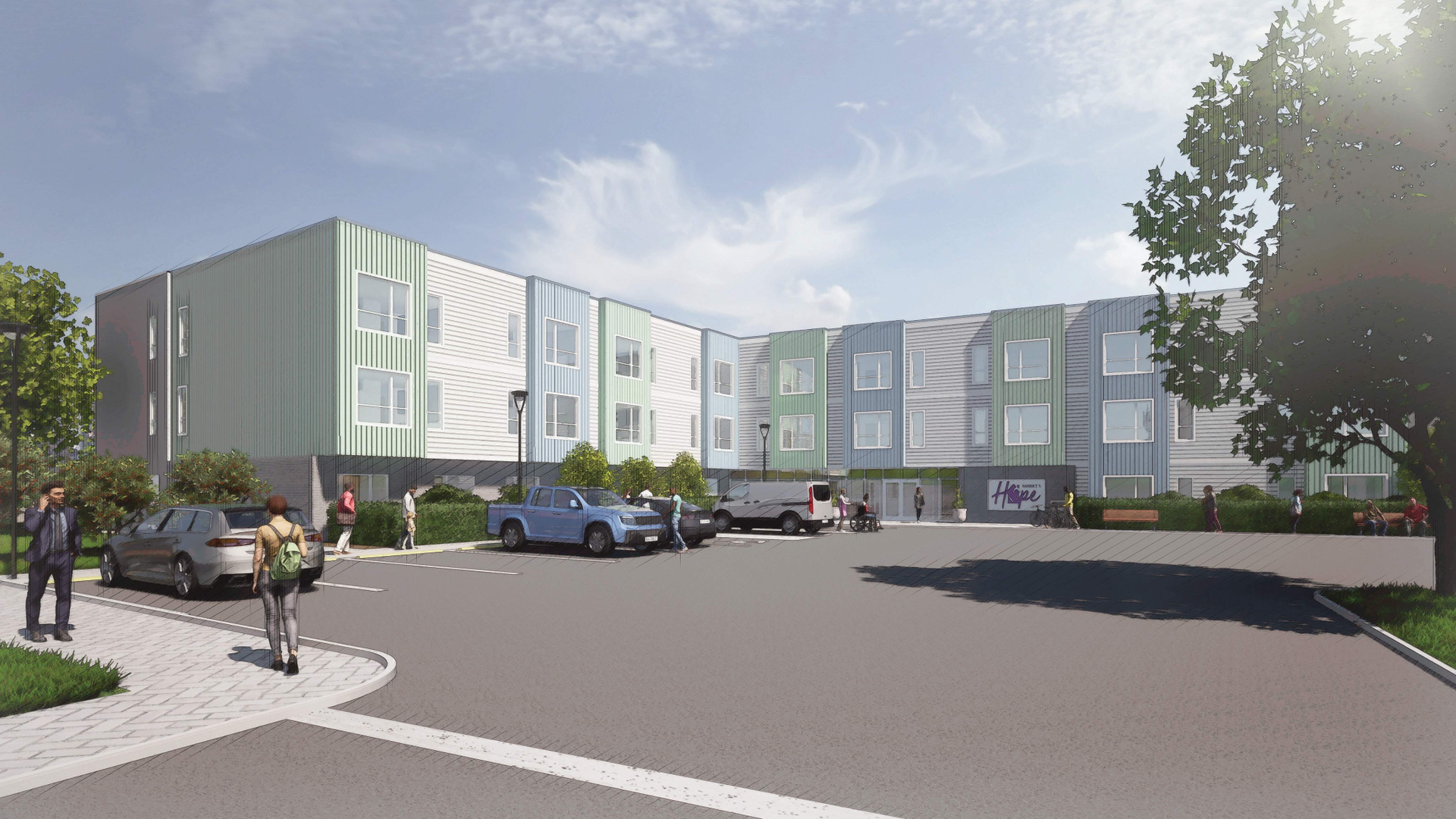 A rendering of Harriet's Hope, a blue and green apartment complex