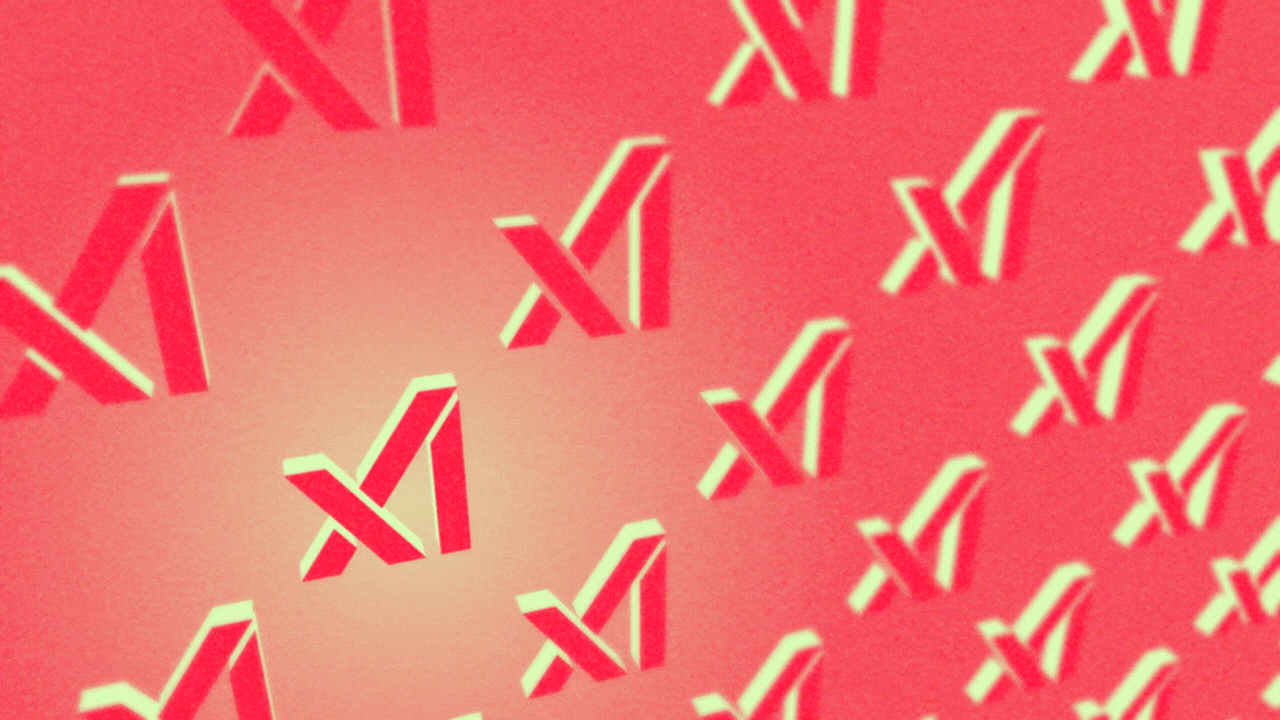 Animated illustration of a pattern of xAI logos, which rotate in diagonal rows. 