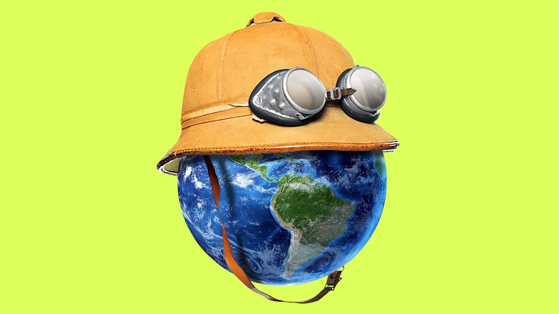 Illustration of the earth wearing an explorer hat and goggles