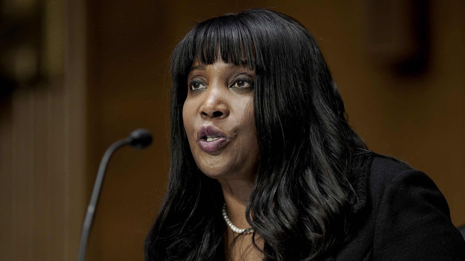 Lisa Cook speaks into a microphone