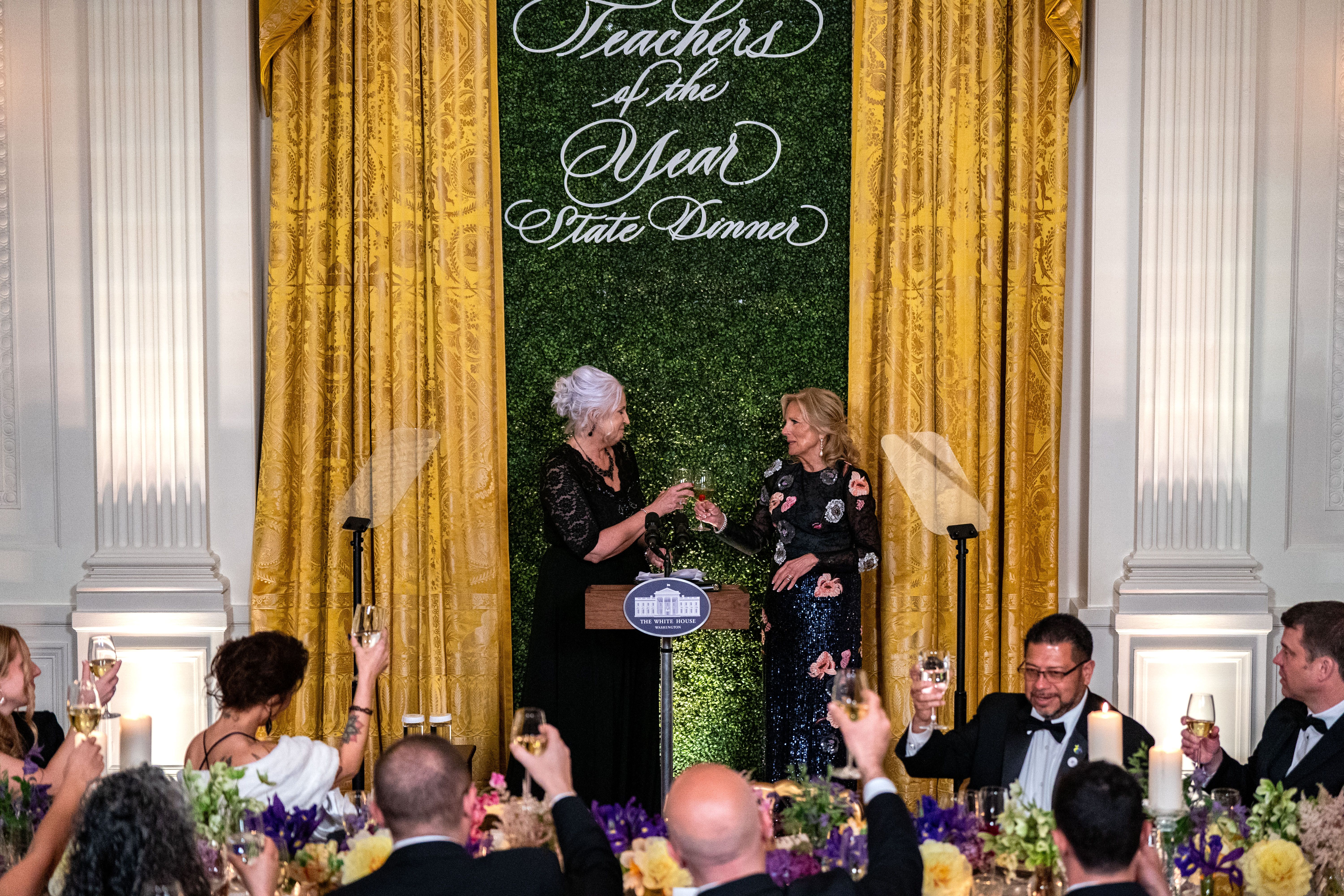 Missy Testerman, 2024 National Teacher of the Year, toasts with first lady Jill Biden during the “Teachers of the Year” State Dinner at the White House on May 2, 2024 in Washington, DC. President Biden and first lady Jill Biden invited more than 50 educators from across the country to the White House for the the first-ever “Teachers of the Year” State Dinner to recognize their commitment to students’ learning. 