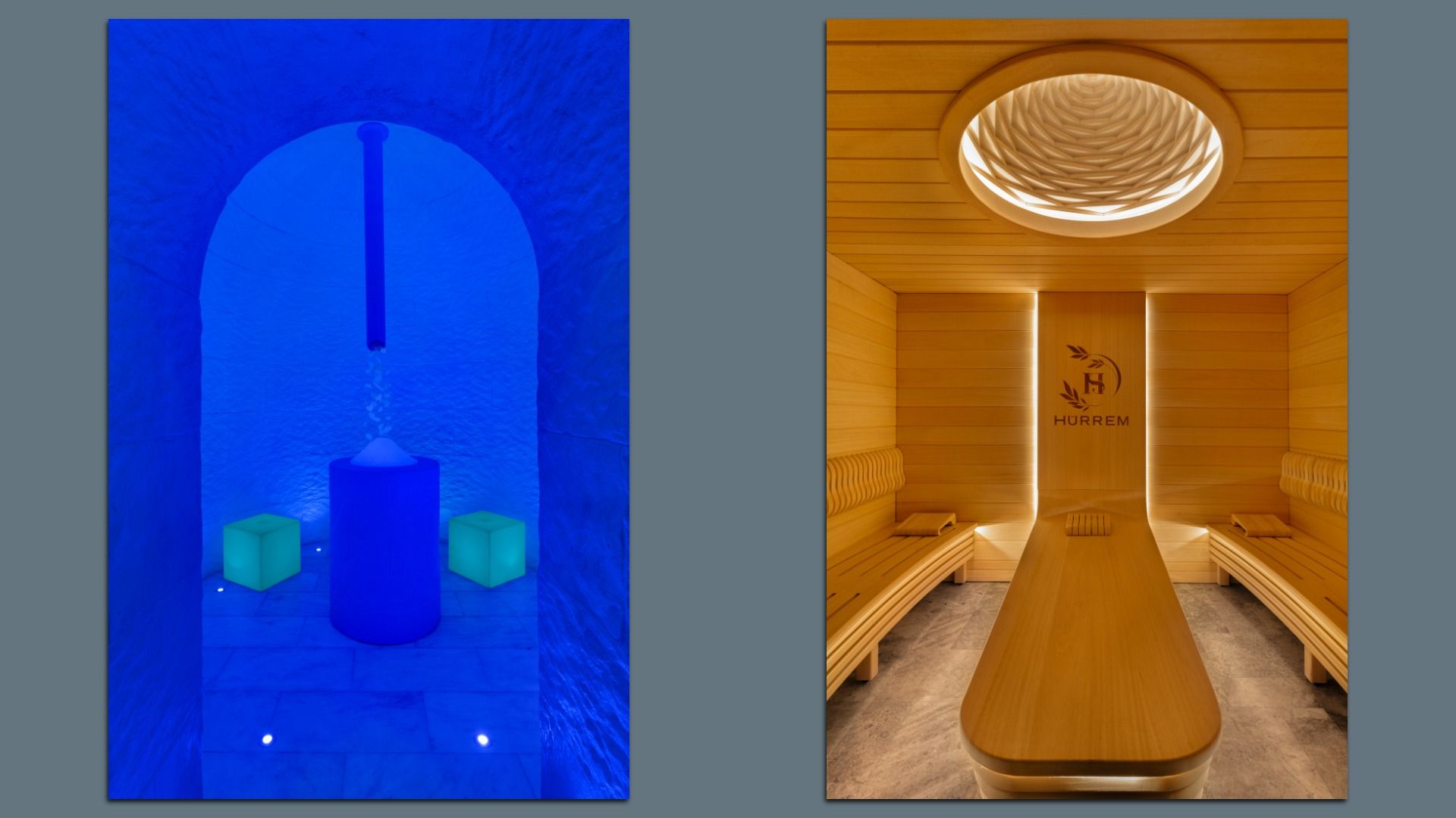 Two panels: left shows a blue-lit arched stone chamber with glowing cubes on the floor; right shows a warm wooden sauna interior with a circular layered ceiling vent and benches.