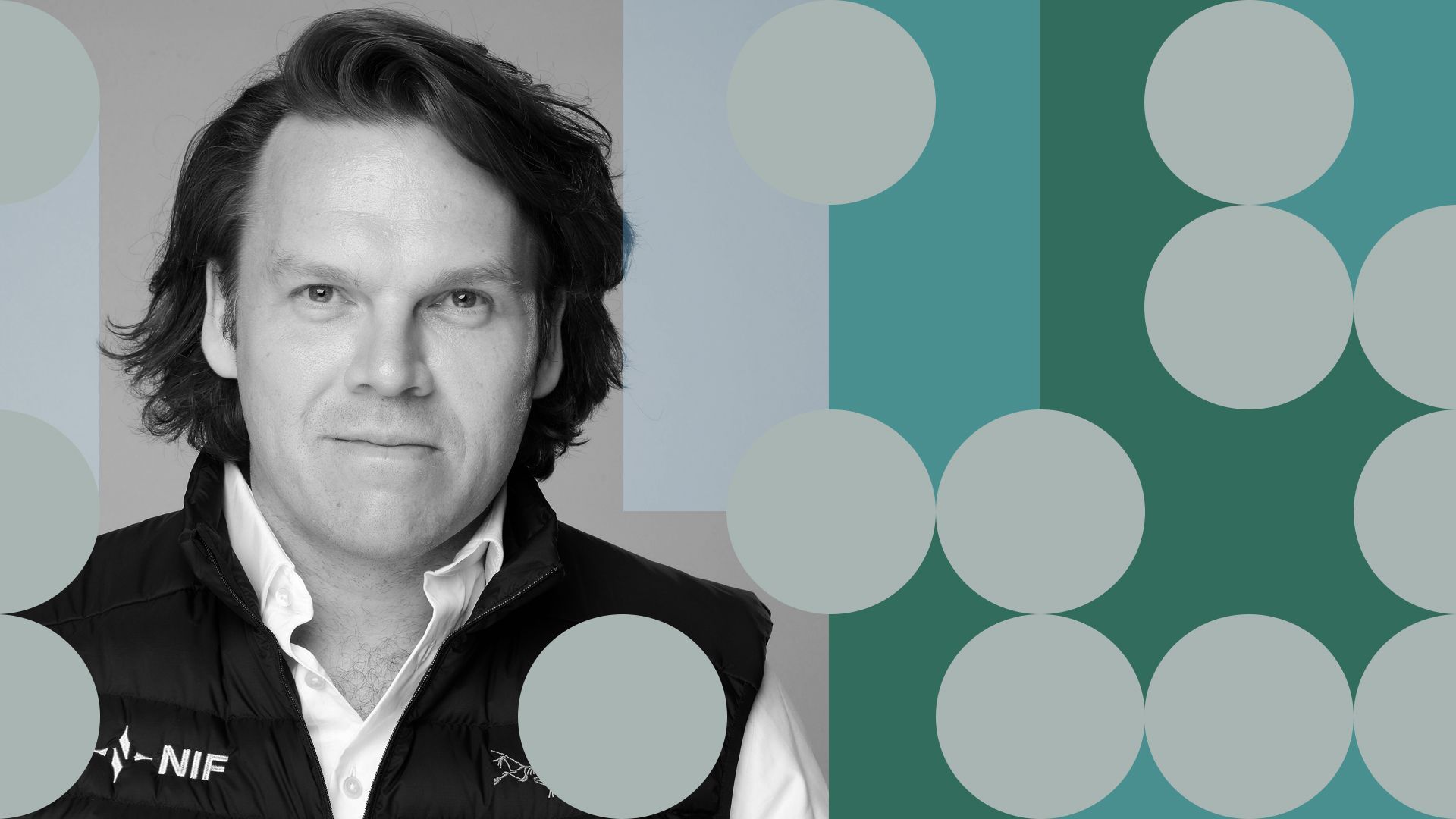 Photo illustration of Patrick Schneider-Sikorsky surrounded by abstract shapes. 