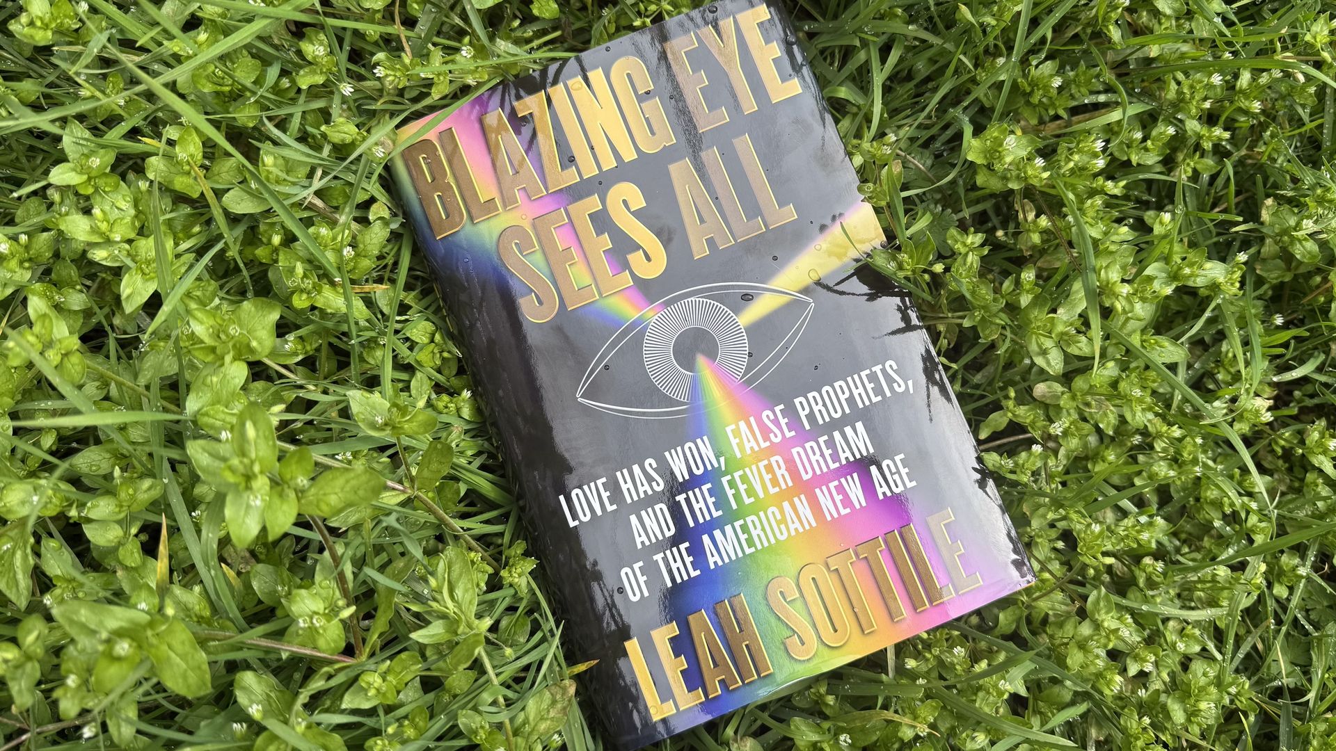 A book titled Blazing Eye Sees All by Leah Sottile lies on wet green grass. Its black cover features gold text, a stylized eye illustration, and a rainbow light effect. Raindrops are visible on the book.