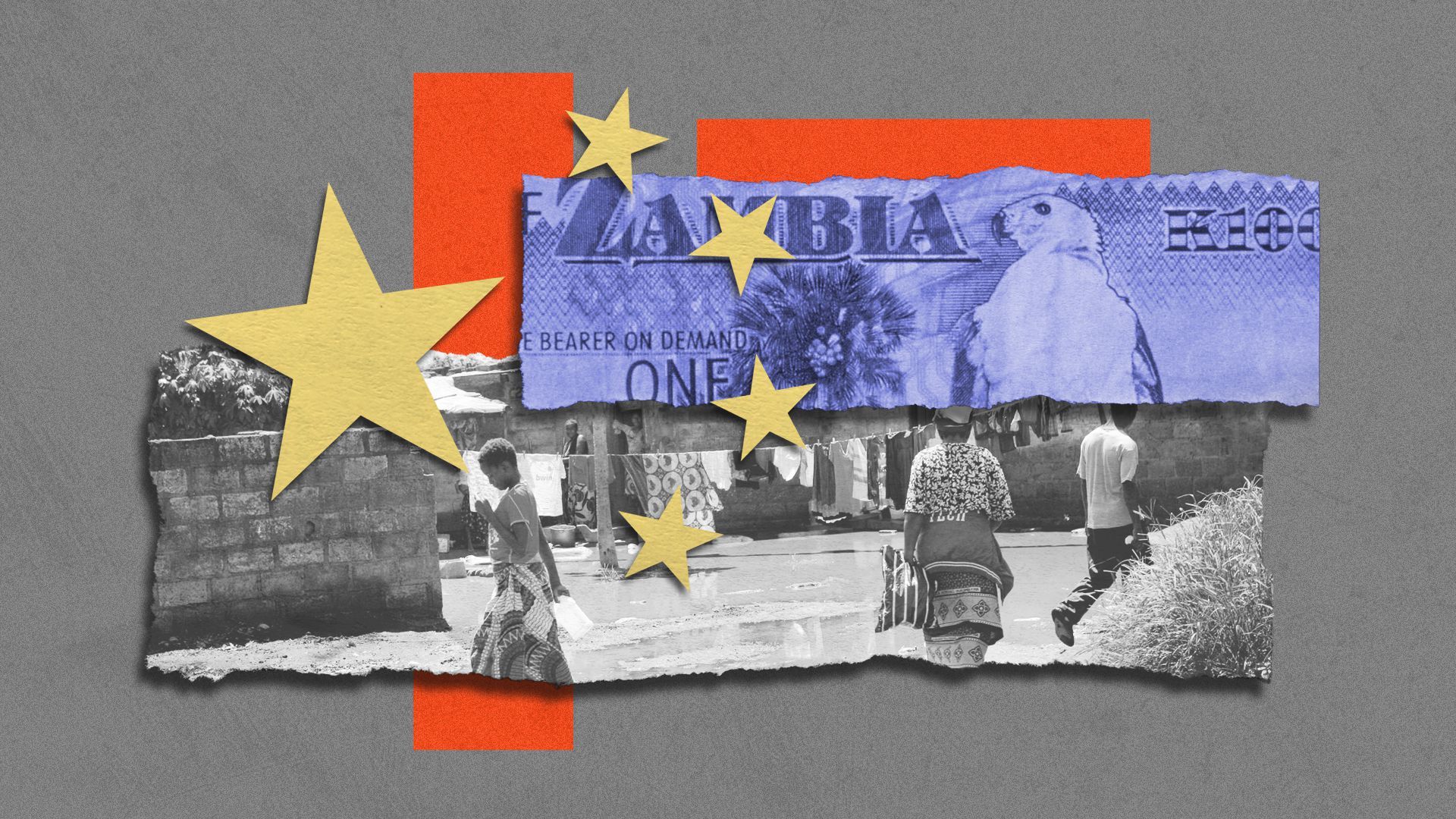 Photo illustration of people in Lusaka, Zambia, with a Zambian currency and elements of the National Flag of the People's Republic of China