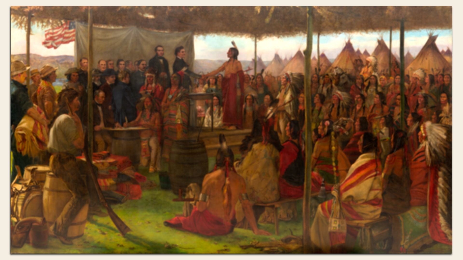 An outdoor treaty gathering: Dakota chiefs in colorful regalia and colonists, including a white trader in a coonskin hat, under a canopy listen as a speaker stands at a table; an American flag and teepees rise behind the crowd.
