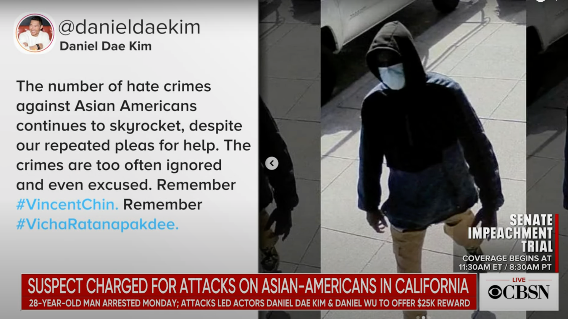 Screengrab of a CBS News package with Daniel Dae Kim's tweet on the left and footage of a suspect on the right