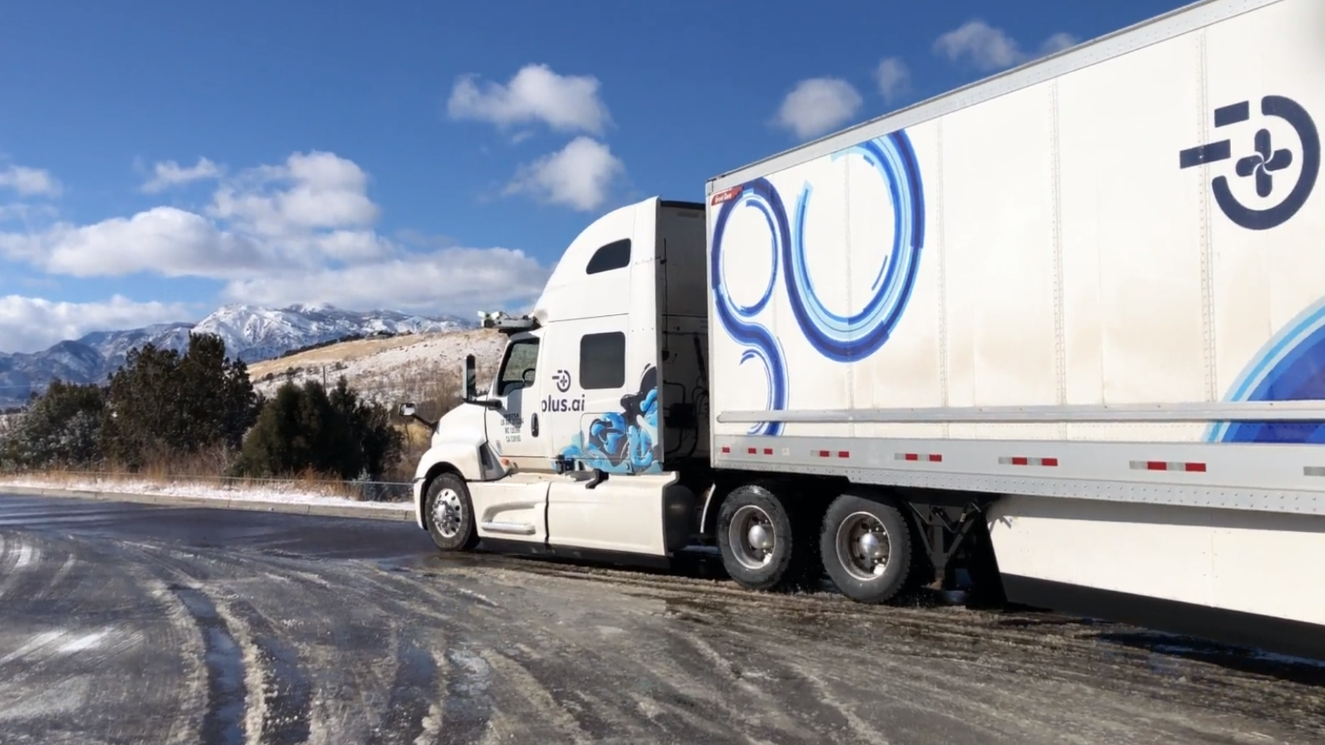 Image of Plus.ai self-driving truck on ice-covered road