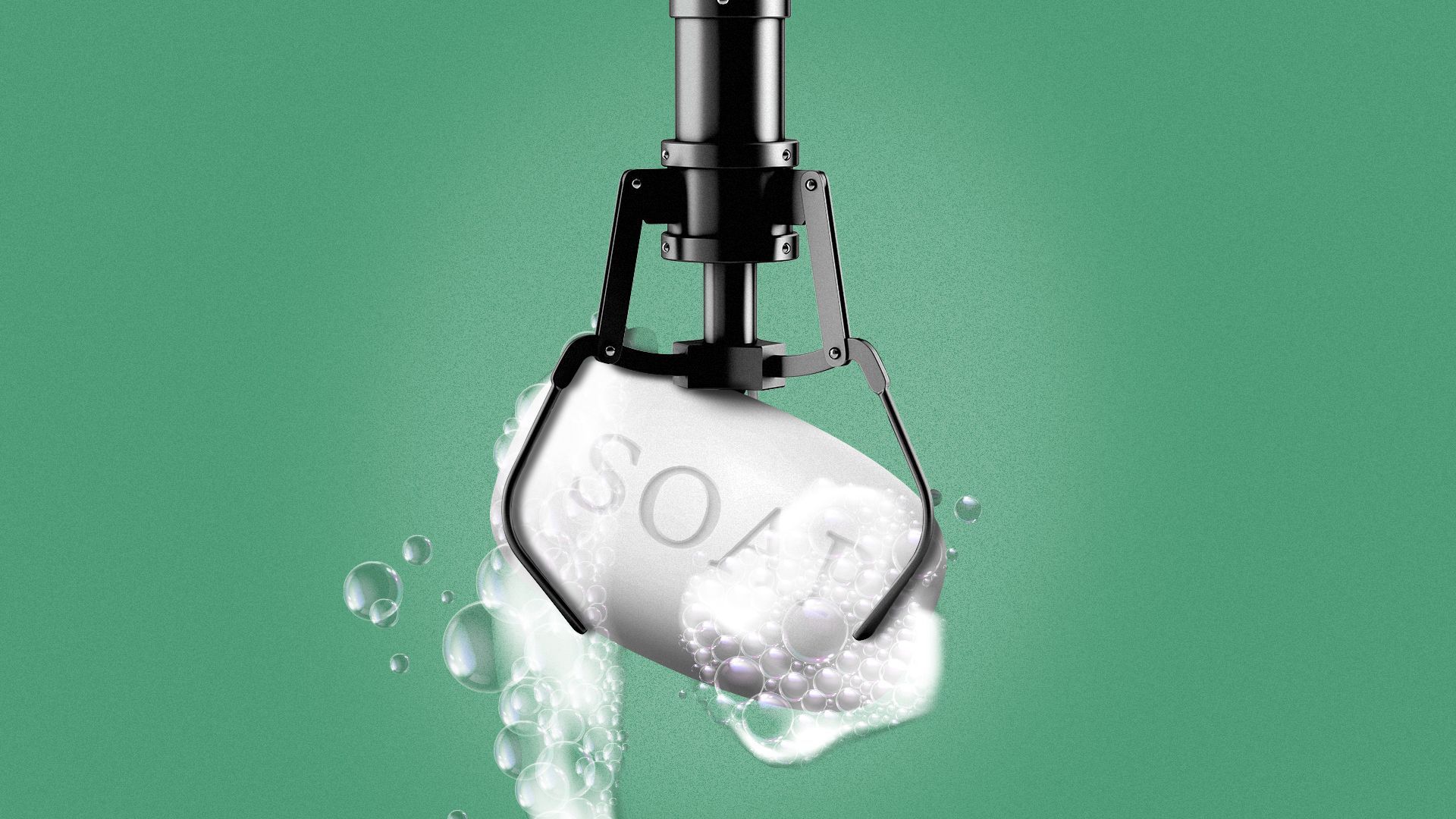 Illustration of a claw machine grabbing a bar of soap.