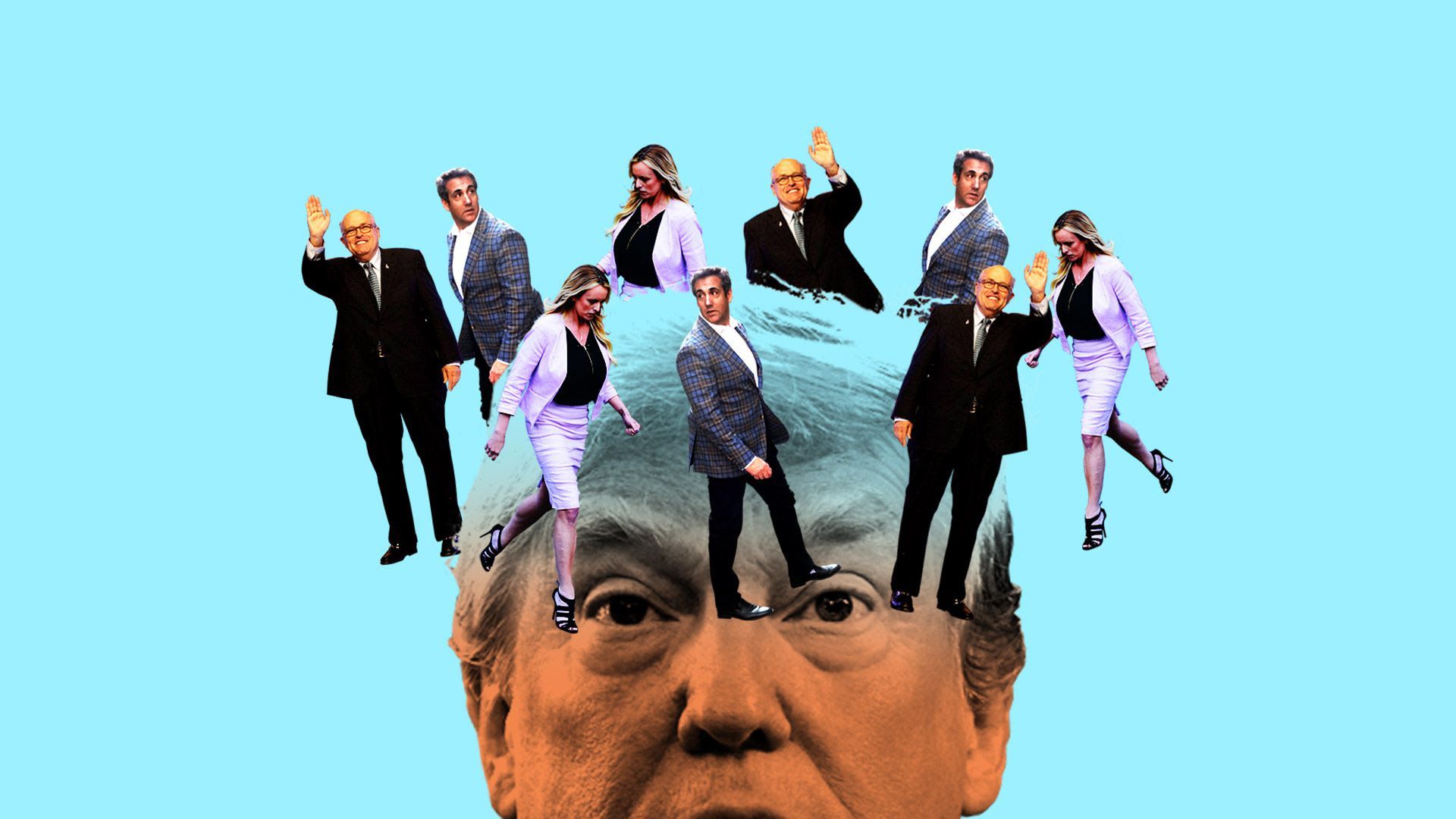 An illustration of Stormy Daniels, Michael Cohen and Rudy Giuliani circling Trump's head