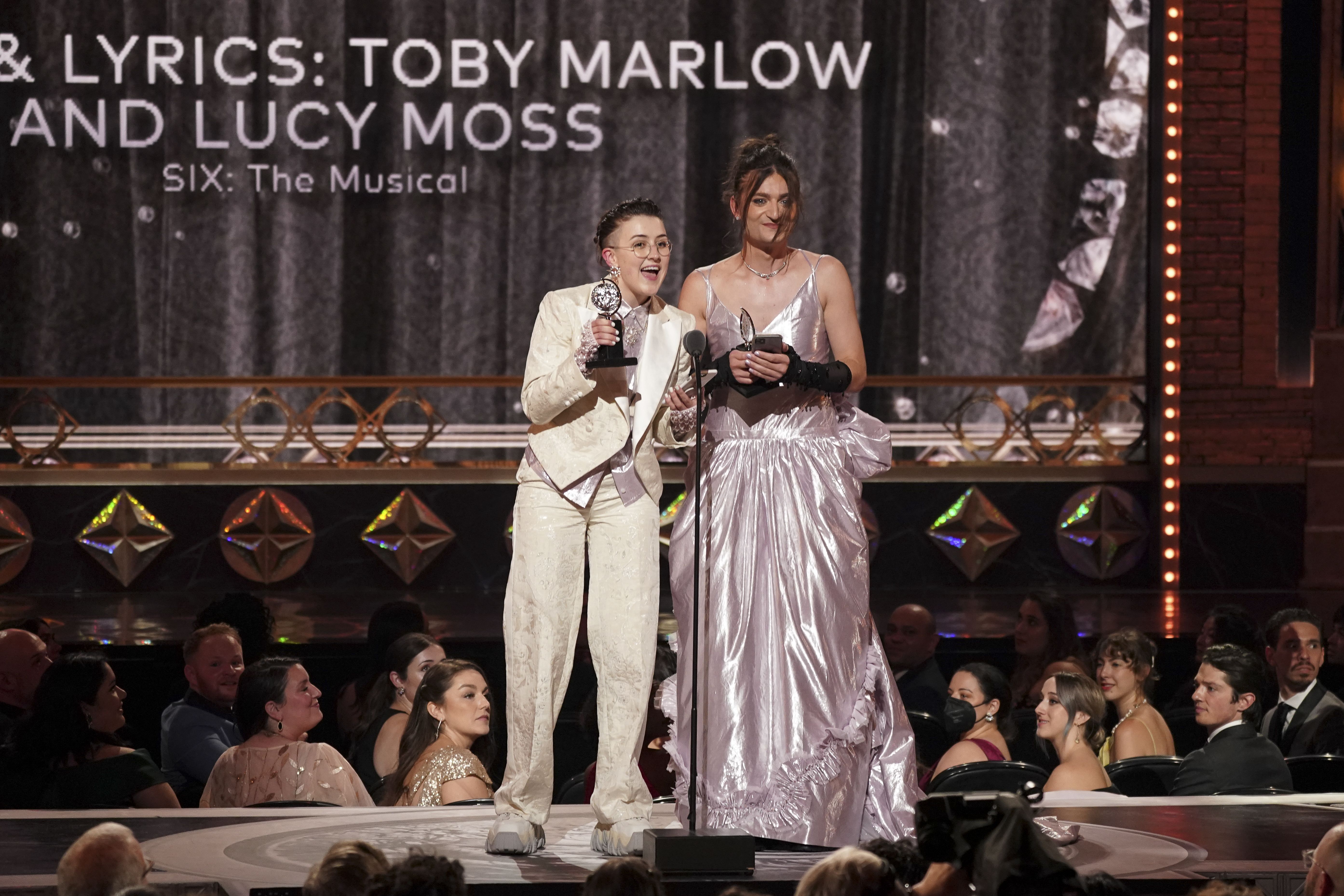 Toby Marlow and Lucy Mo at the 75th Annual Tony Awards in the Radio City Music Hall in New York City, on Sunday. 