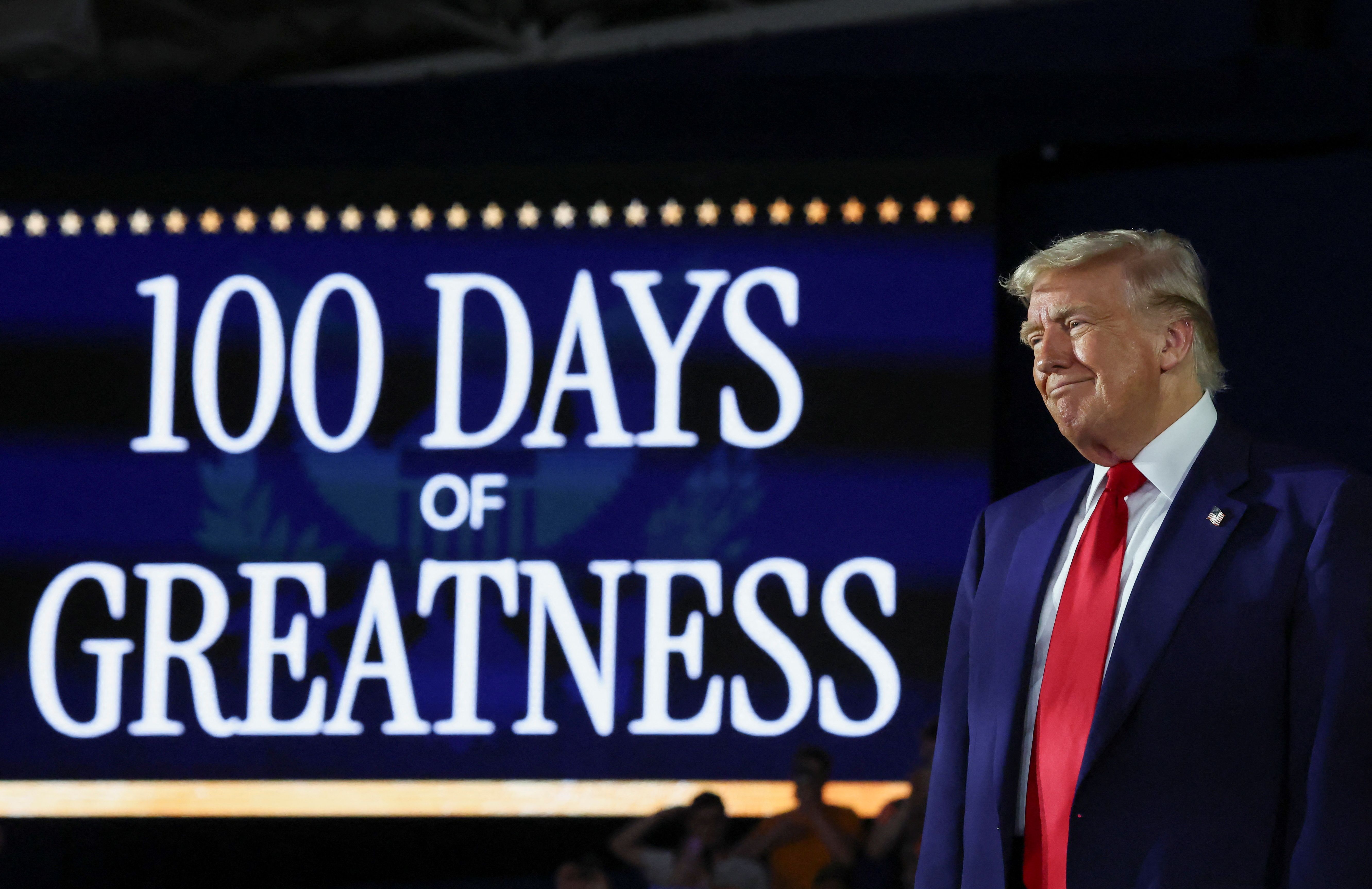 President Trump holds a rally to mark his 100th day in office, at Macomb Community College in Warren, Mich., yesterday. Photo: Evelyn Hockstein/Reuters