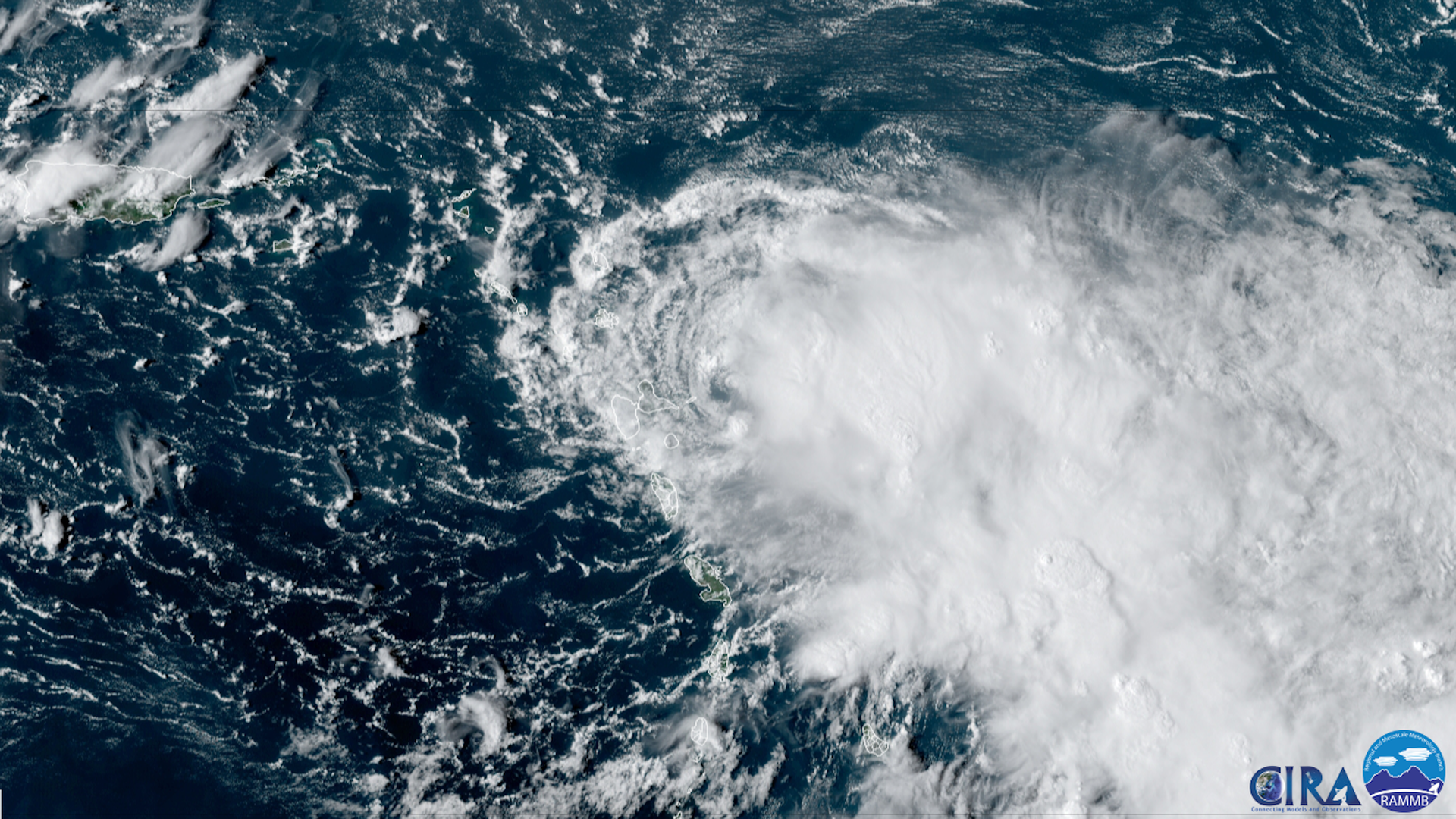 Satellite image showing Tropical Storm Fiona nearing the French island of Guadeloupe.