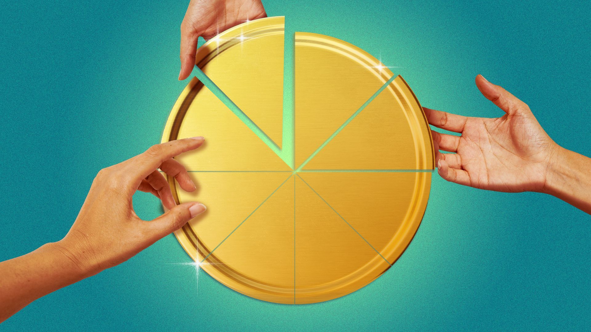 Illustration of hands reaching for a gold coin, cut into pieces like a pie.