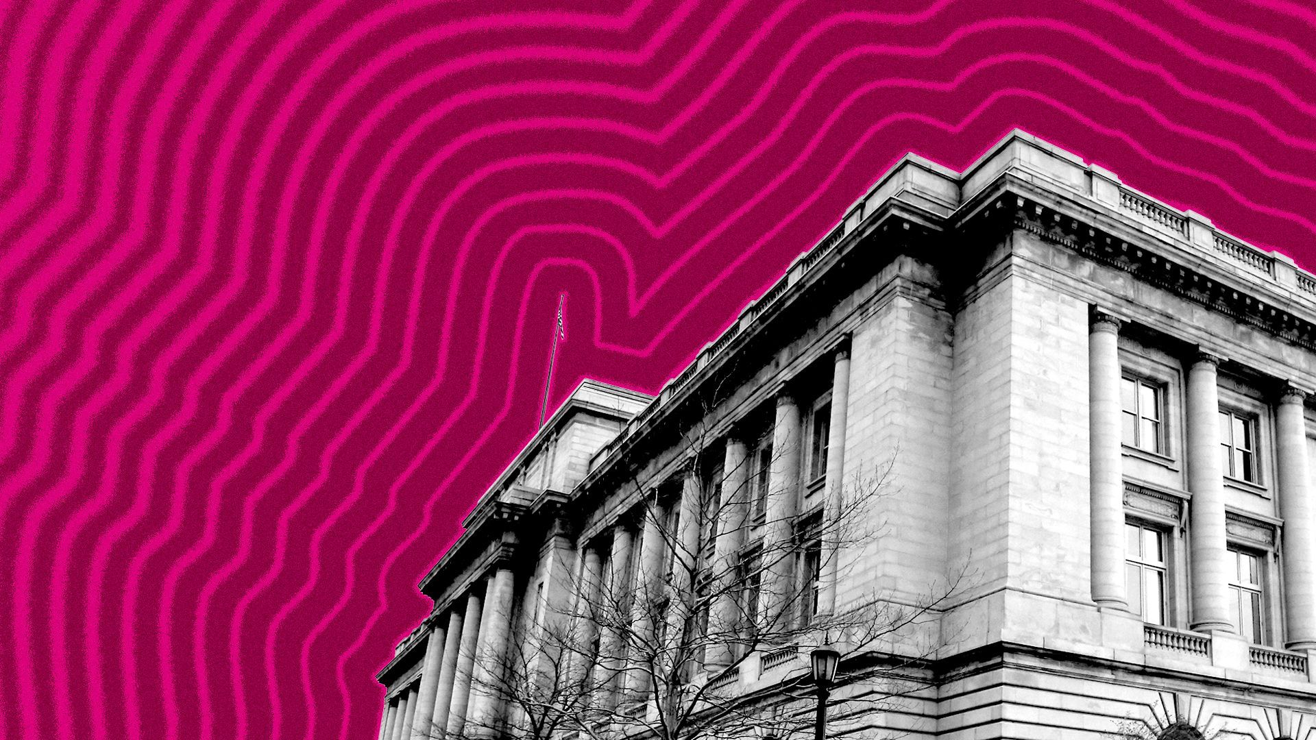 Illustration of Cleveland City Hall with lines radiating from it. 