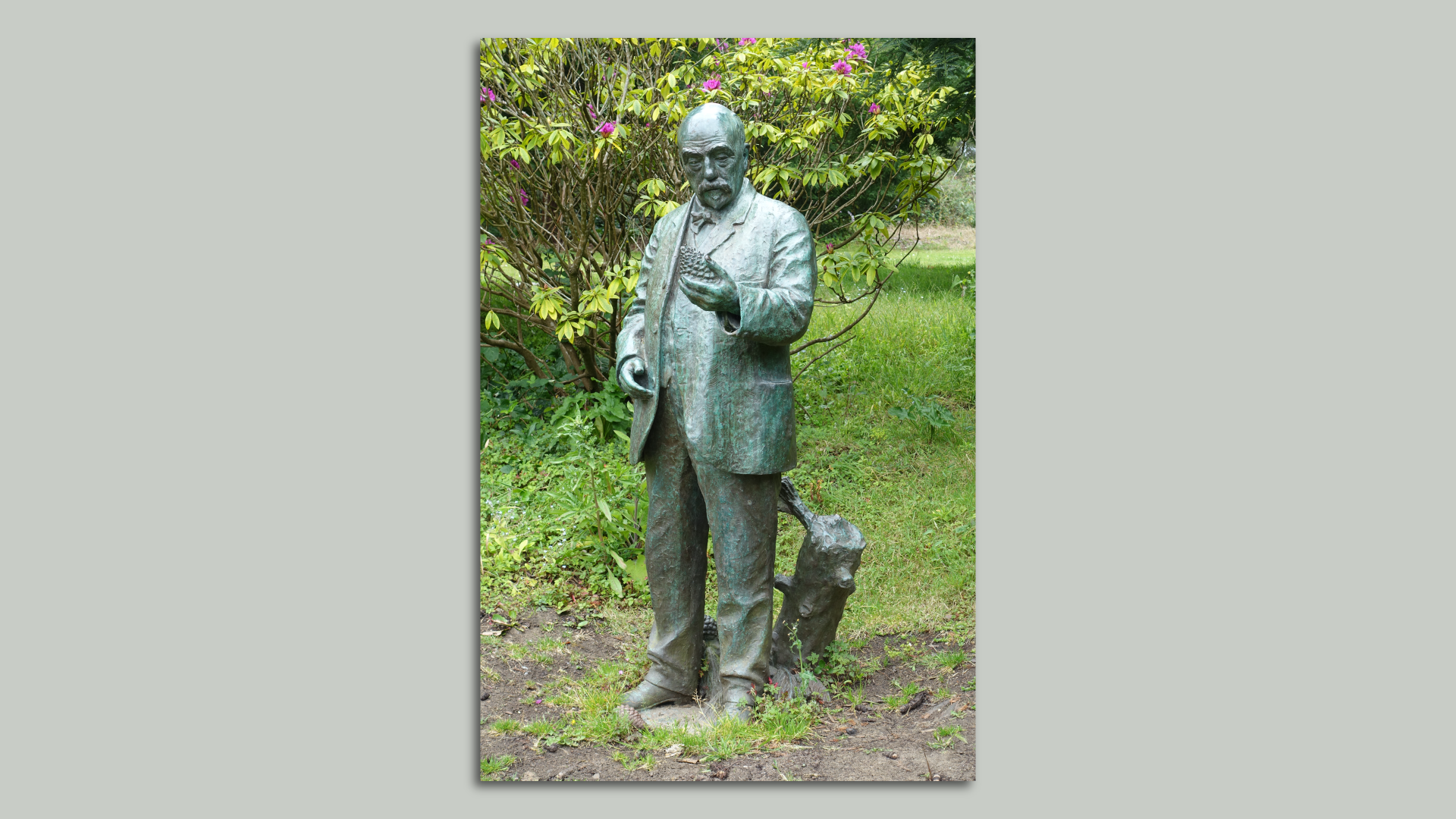 Photo of a statue of John McLaren holding a pine cone in his hand as he is surrounded by grass and flowers