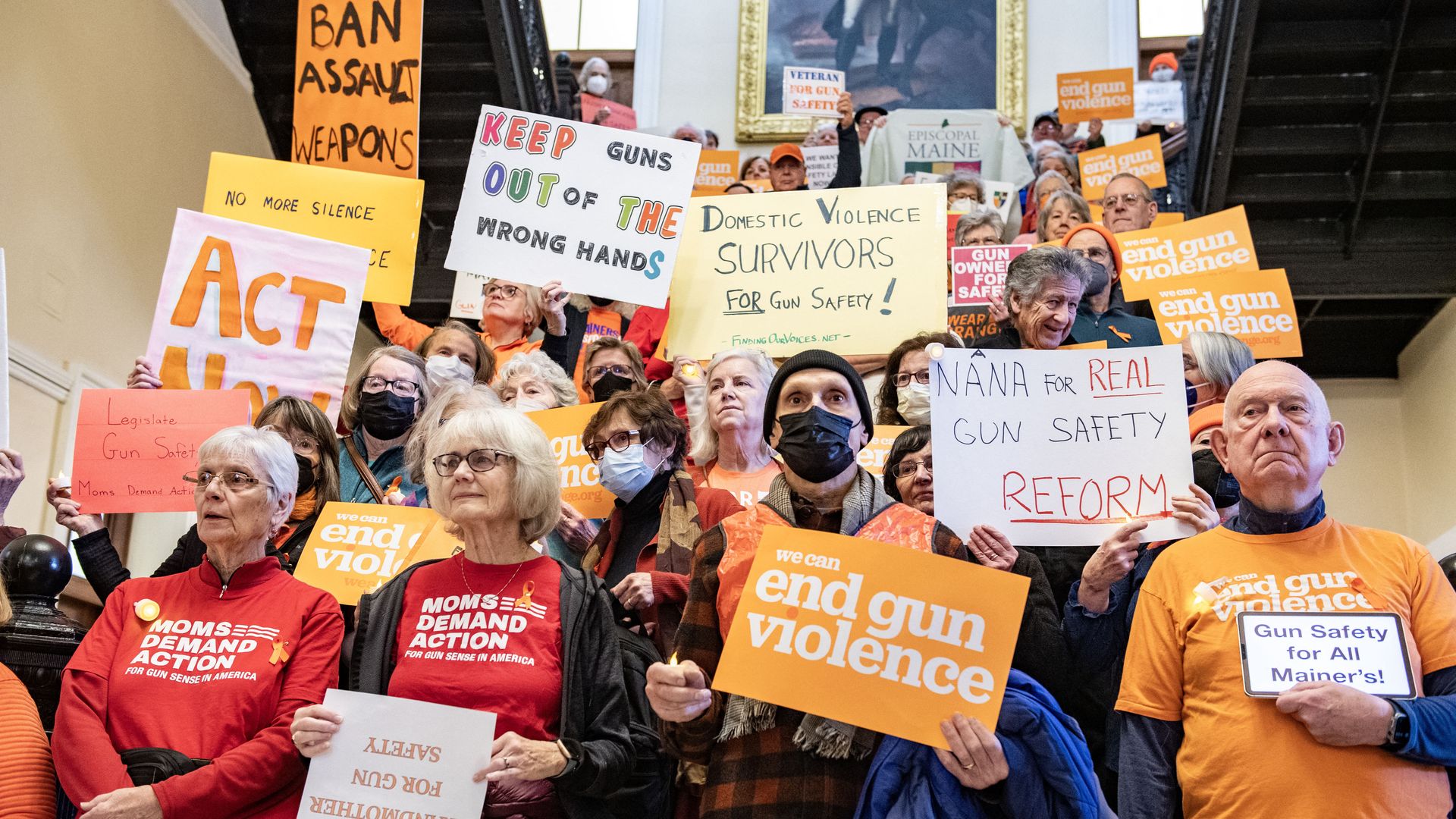 Gun safety supporters attend a gun safety rally at the State House in Augusta, Maine, on January 3, 2024. On October 25, 2023 Robert Card shot and killed 18 people, injuring 13 others, during a mass shooting in Lewiston, Maine. (Photo by Joseph Prezioso / AFP) (Photo by JOSEPH PREZIOSO/AFP via Getty