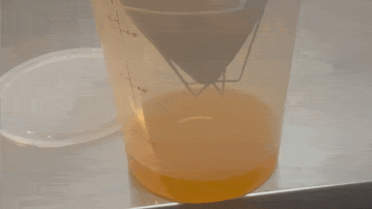 A clear glass cylinder on a gray lab bench contains bright orange liquid. A circular glass lid sits to the left; reflections suggest a laboratory setting.