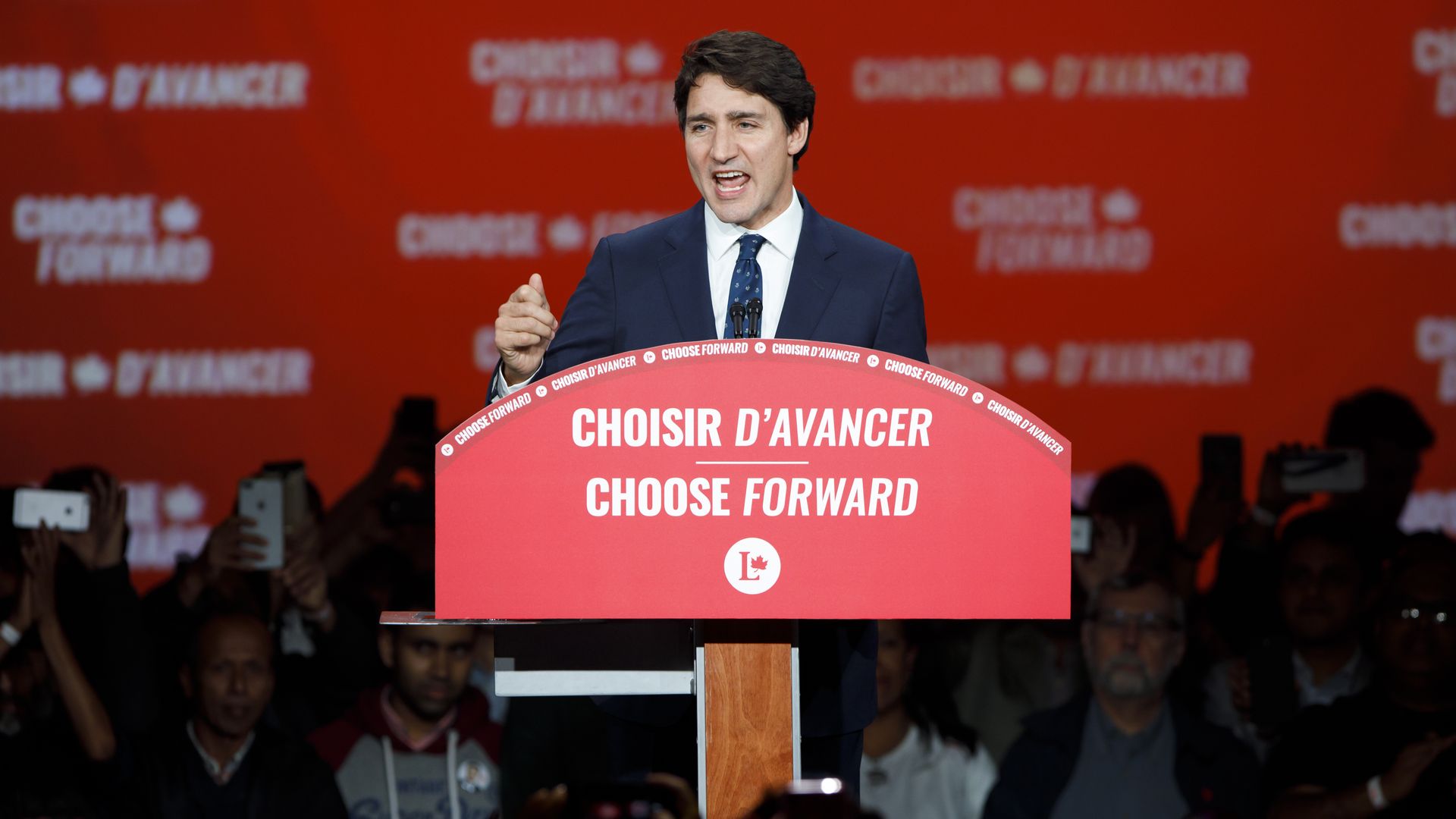 Liberal Leader and Canadian Prime Minister Justin Trudeau delivers his victory speech at his election night headquarters on October 21, 2019 in Montreal, Canada. 