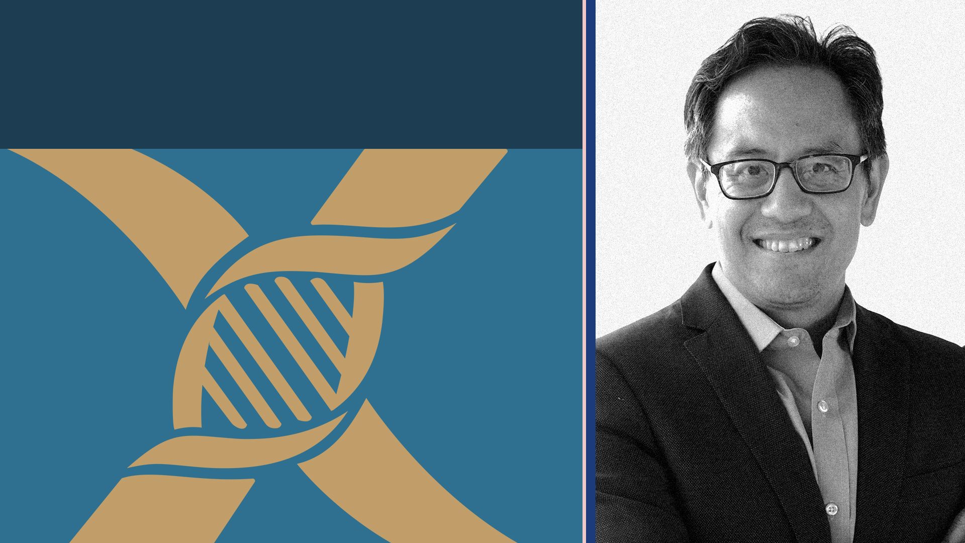 Photo illustration of Chen Yu next to colorful rectangles and part of the TCG Crossover logo.