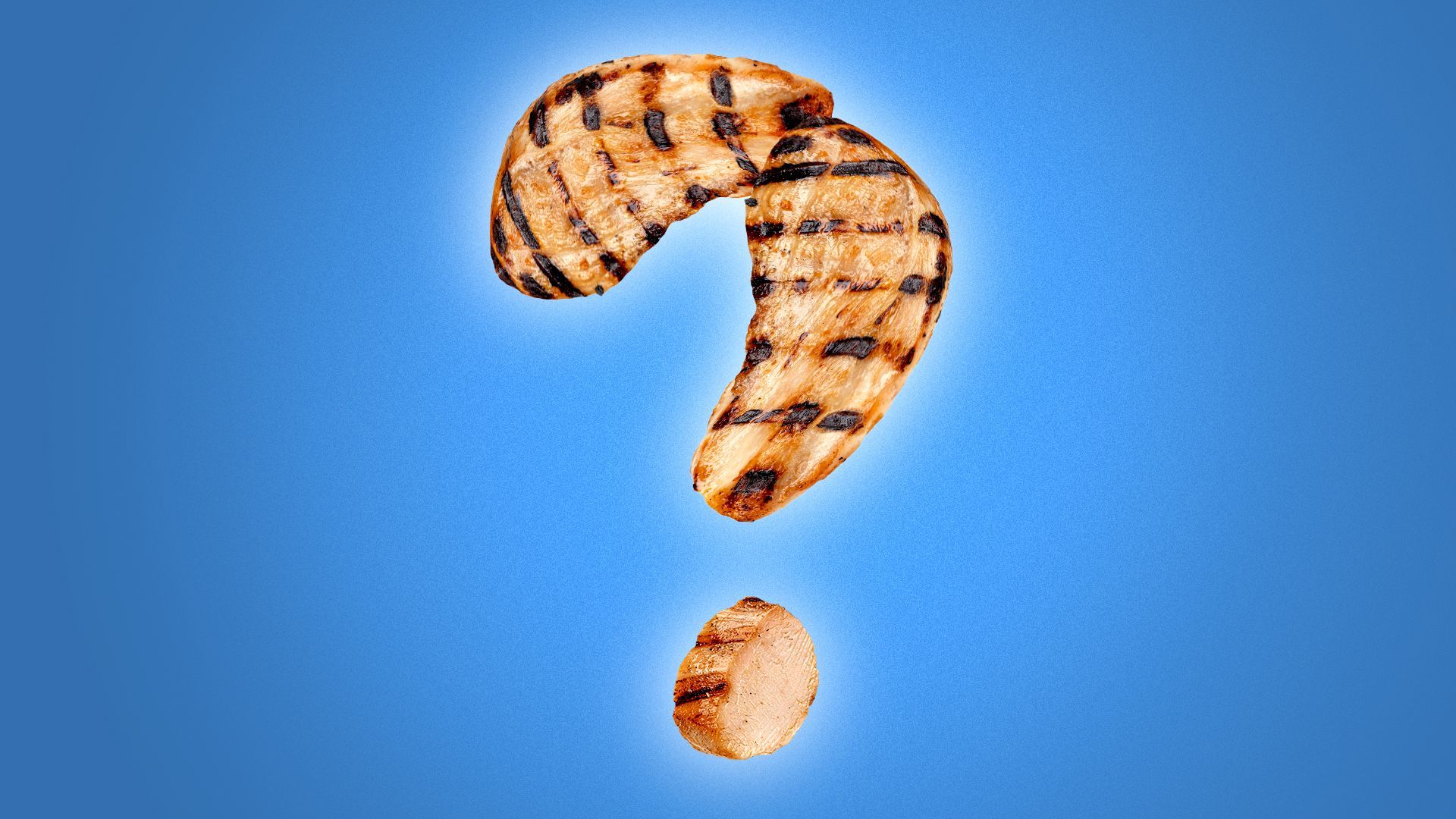 Illustration of a question mark formed by two grilled chicken breasts and a cut piece of chicken