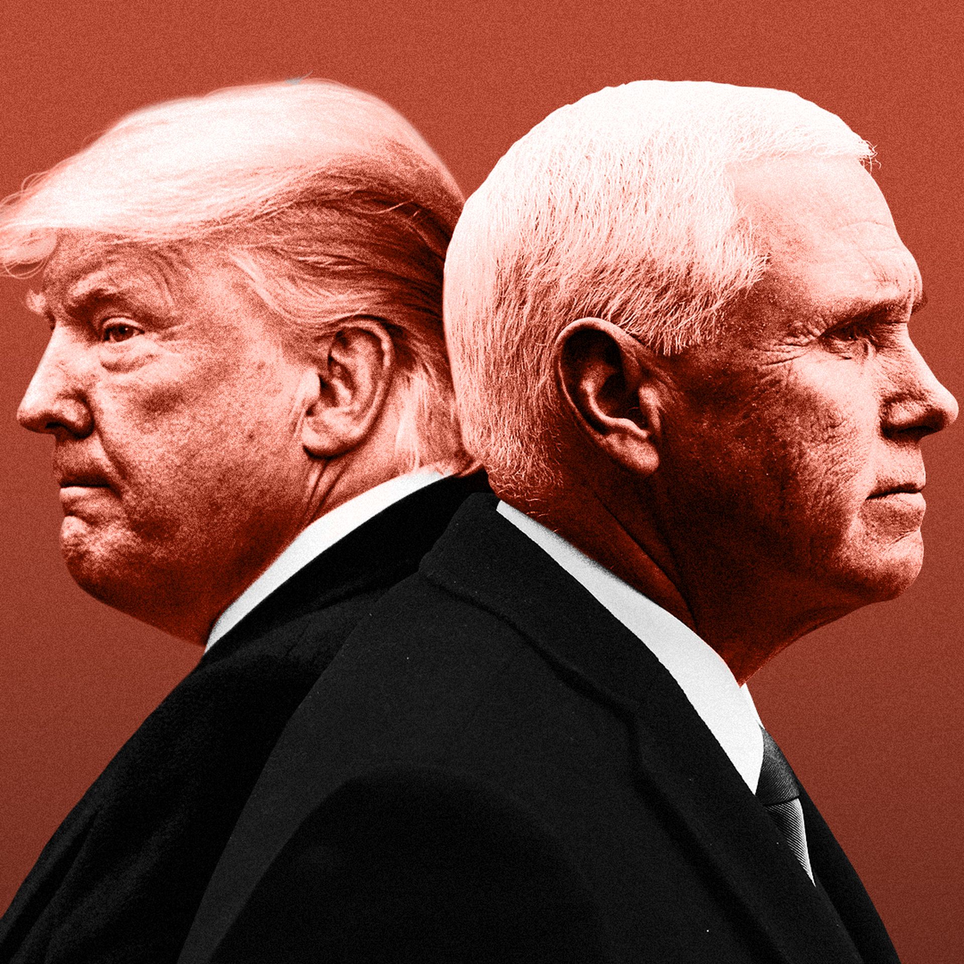 Illustration of Mike Pence and Donald Trump in profile facing away from each other.