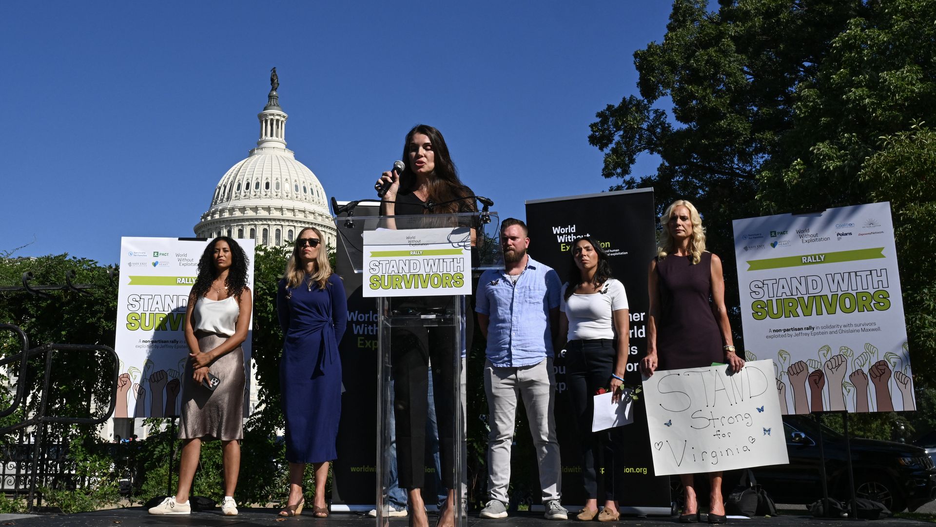 Teresa Helm, a survivor of sexual abuse by Jeffrey Epstein speaks at the Stand with Survivors Rally in support of Jeffrey Epstein and Ghislaine Maxwell's victims, in Washington, DC on September 3, 2025. Photo: Roberto Schmidt/AFP via Getty Images