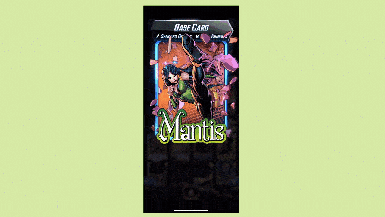 Animated GIF showing a virtual trading card for a Marvel comics character, with their extended foot obscuring the card's artist credits