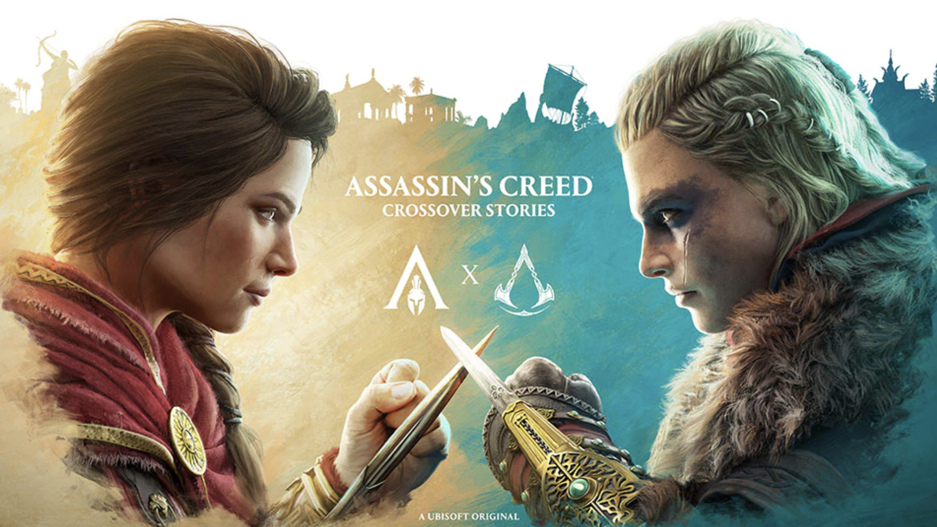 Illustration of two warrior women facing off with an Assassin's Creed logo between them