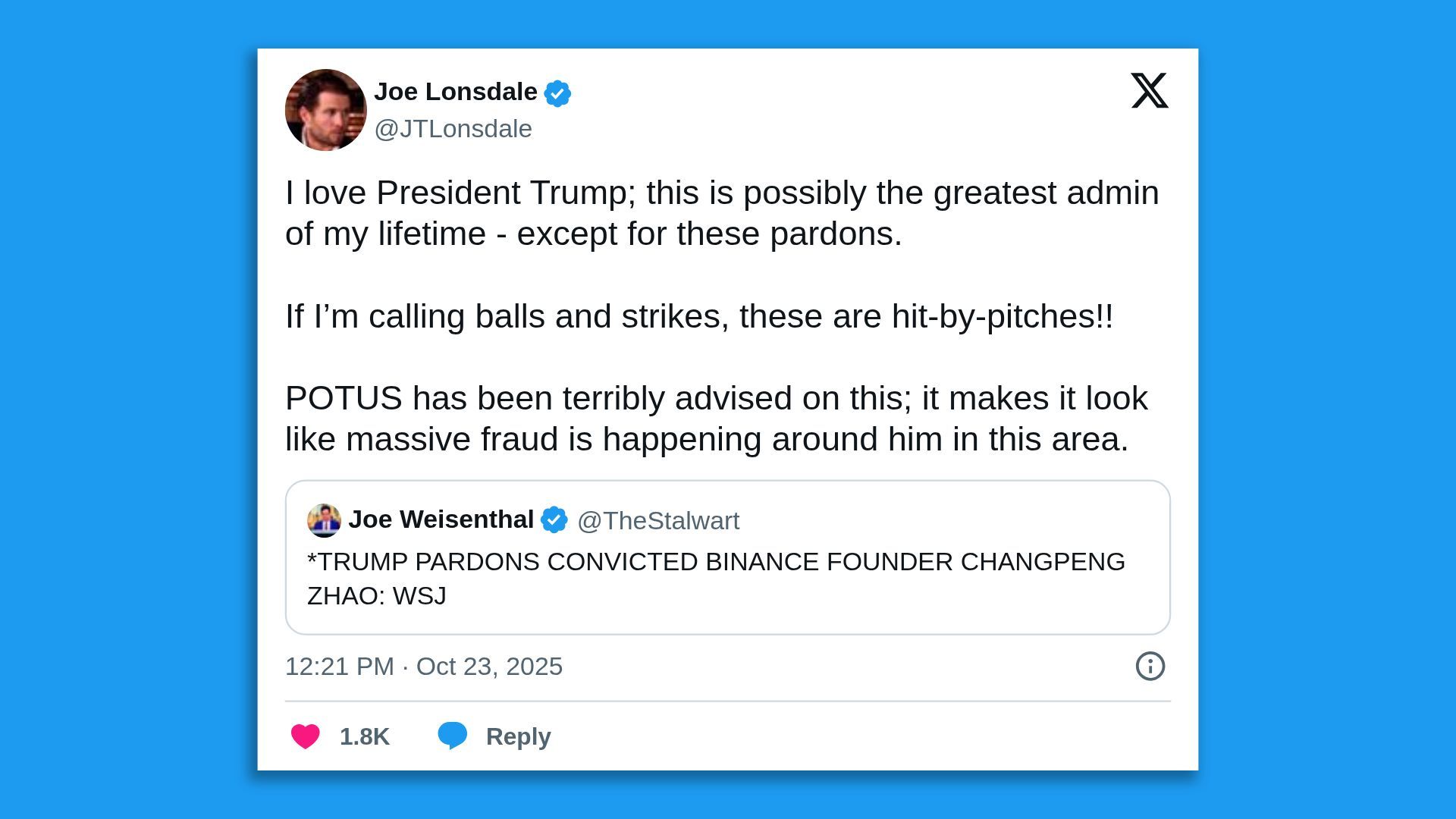 Tweet by Joe Lonsdale criticizing Trump pardons, calling them 'hit-by-pitches' and saying it suggests fraud, quoting Joe Weisenthal about Trump pardoning Binance founder Changpeng Zhao.