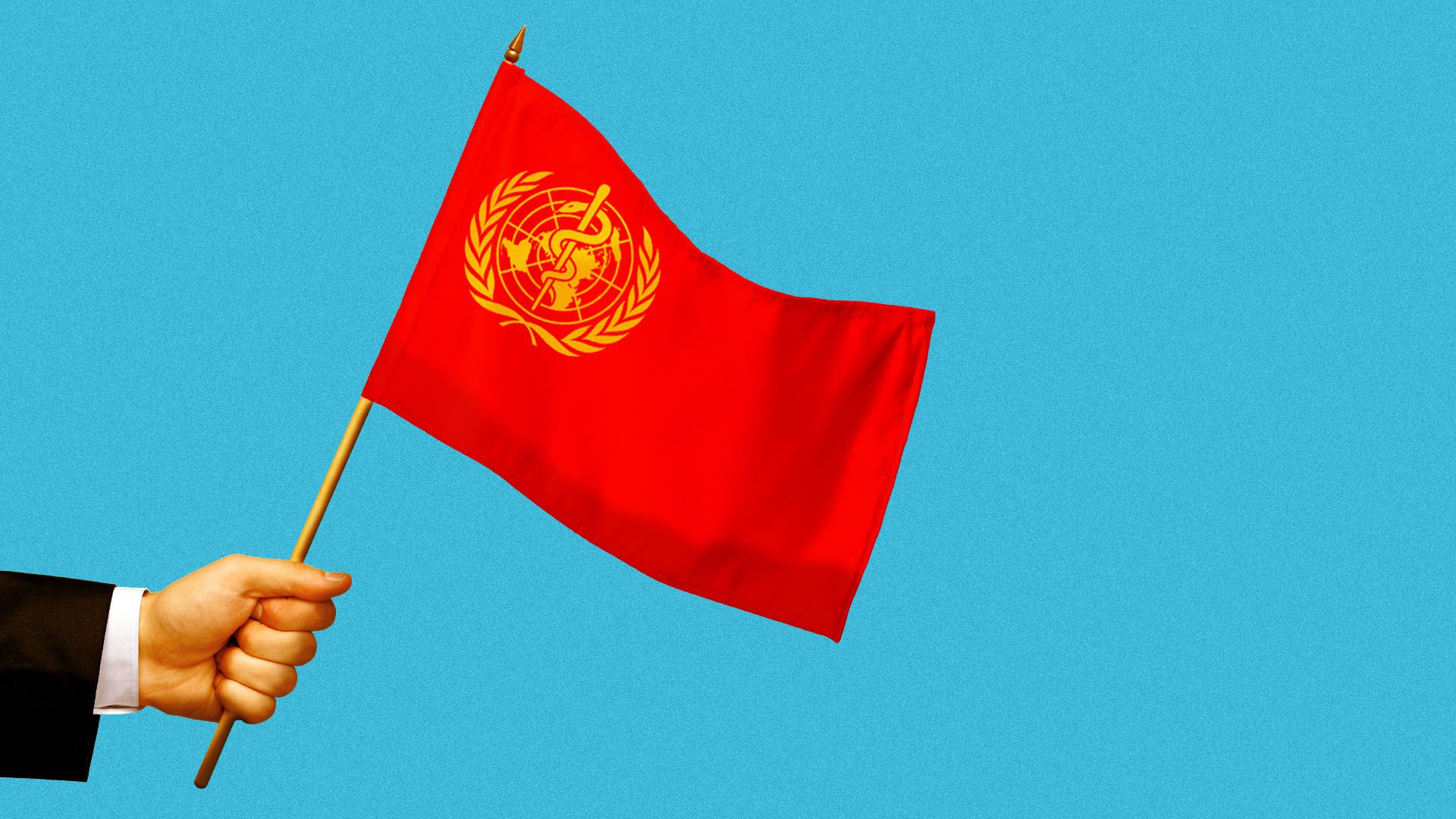 A red Chinese flag with the WHO logo instead of the iconic 5 yellow stars.