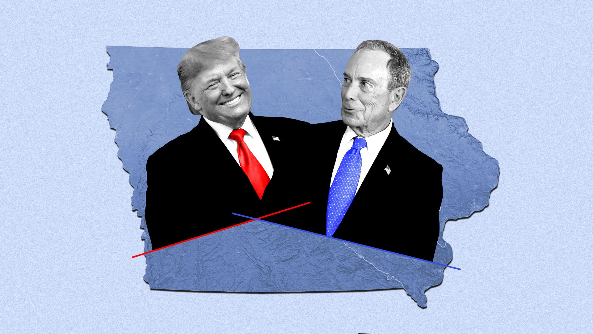Photo illustration of President Trump and Michael Bloomberg smiling in front of a map of Iowa
