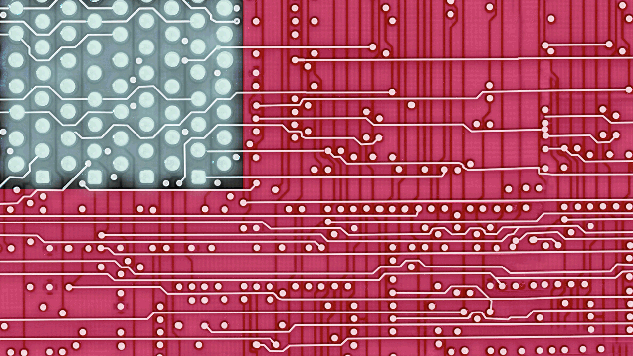 Animated illustration of a circuit board in the shape of an American flag lighting up and then shutting down. 