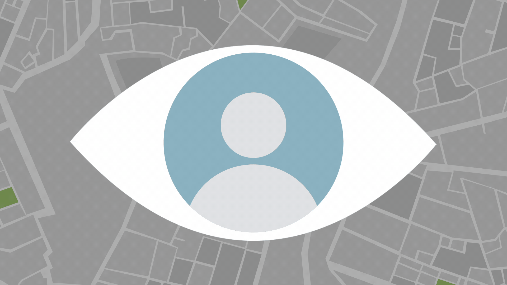 Animated illustration of an eye with an avatar icon as a pupil against a map background. Glowing concentric circles surround the pupil.