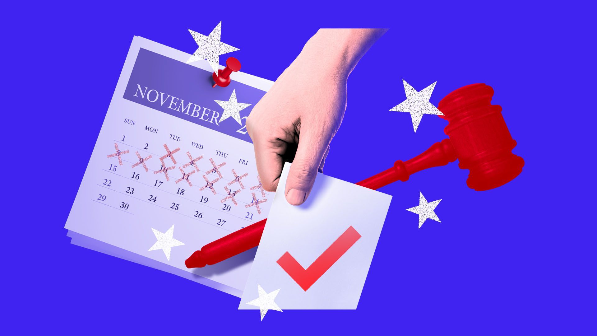 Illustration of a hand casting a ballot with a calendar and a gavel in the background