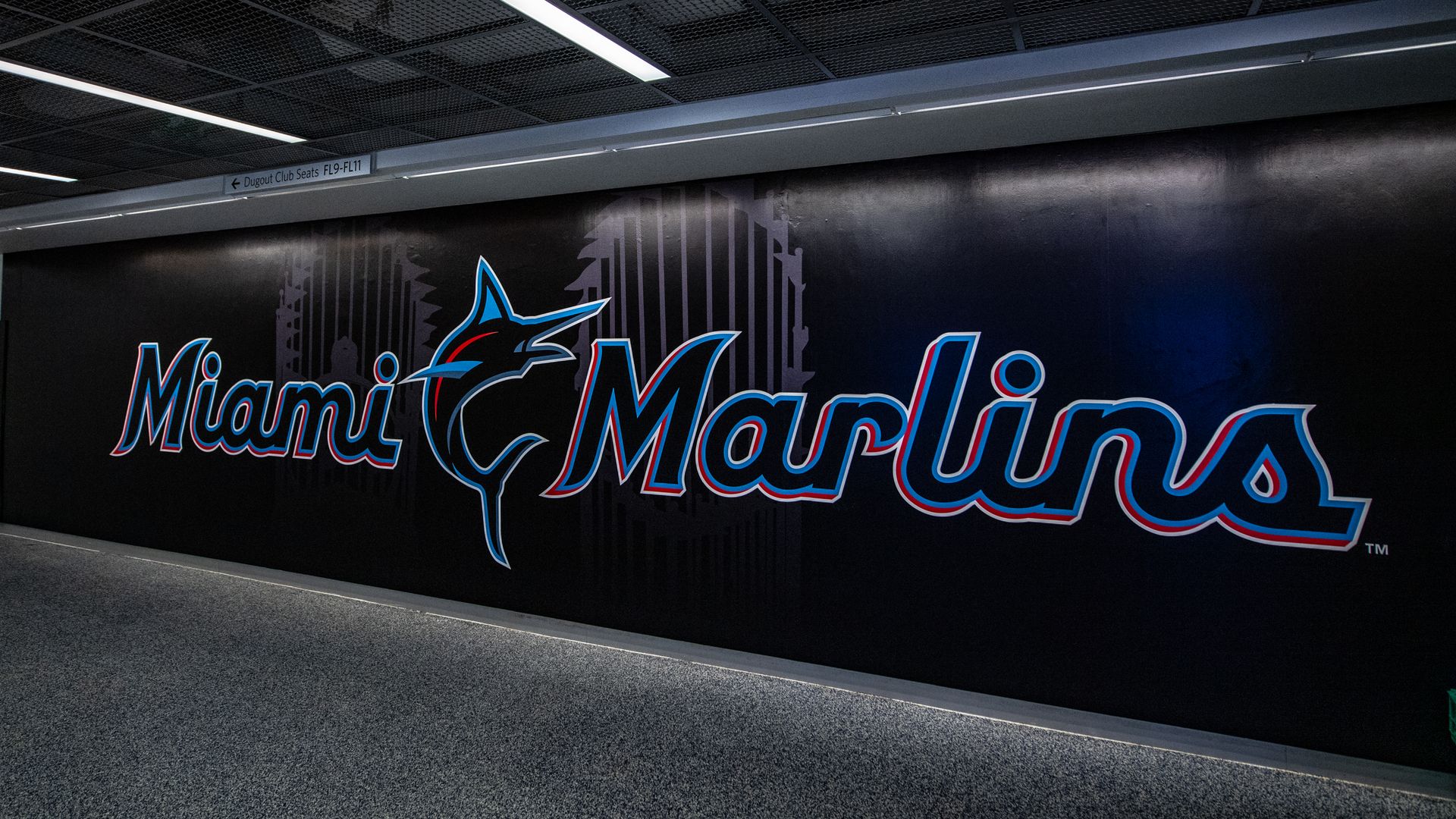 The Miami Marlins logo on a hallway inside the Marlins baseball park