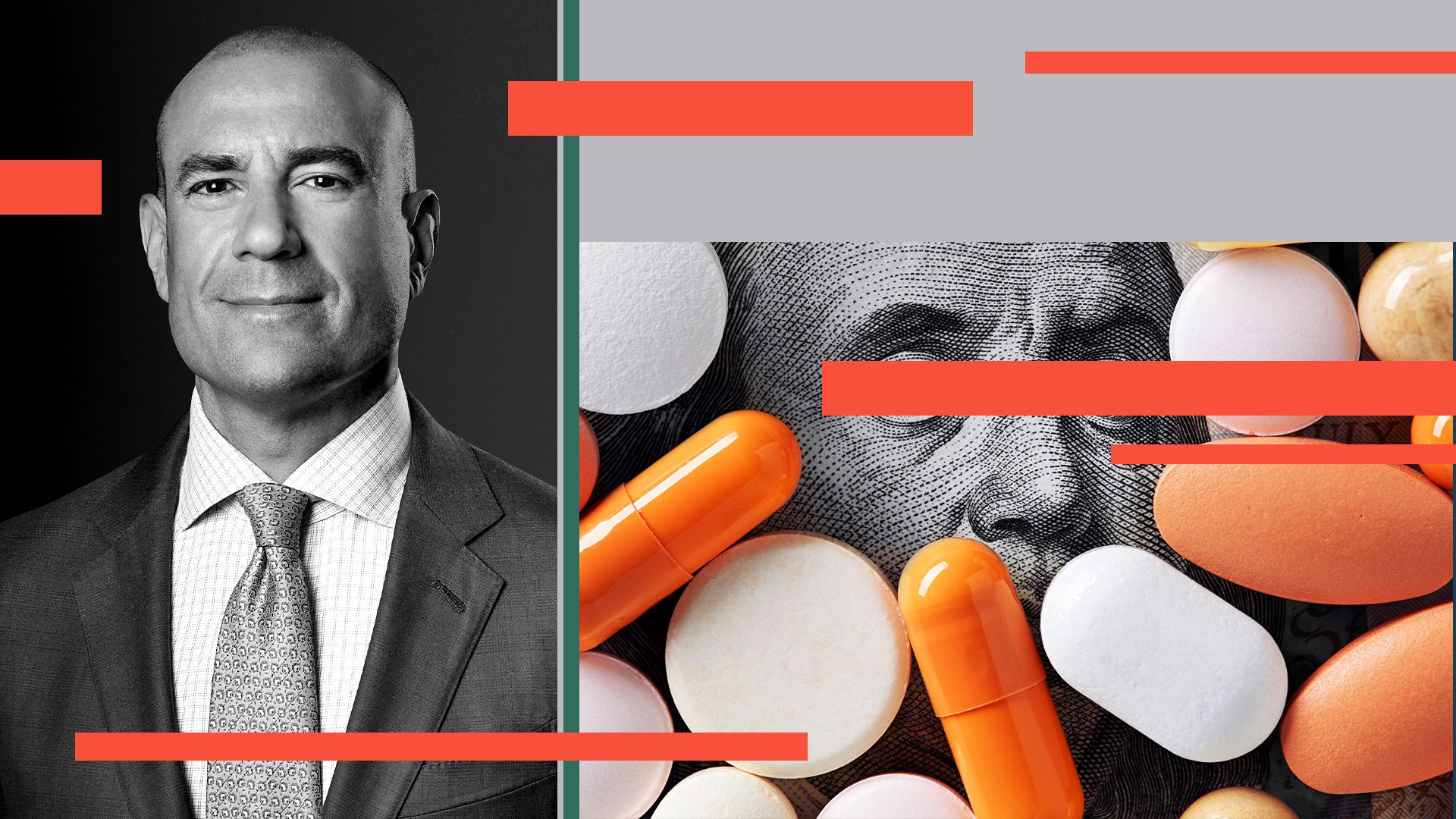 Photo illustration of GTCR co-CEO Dean Mihas surrounded by abstract rectangles, medicine and a peekaboo image of Benjamin Franklin. 