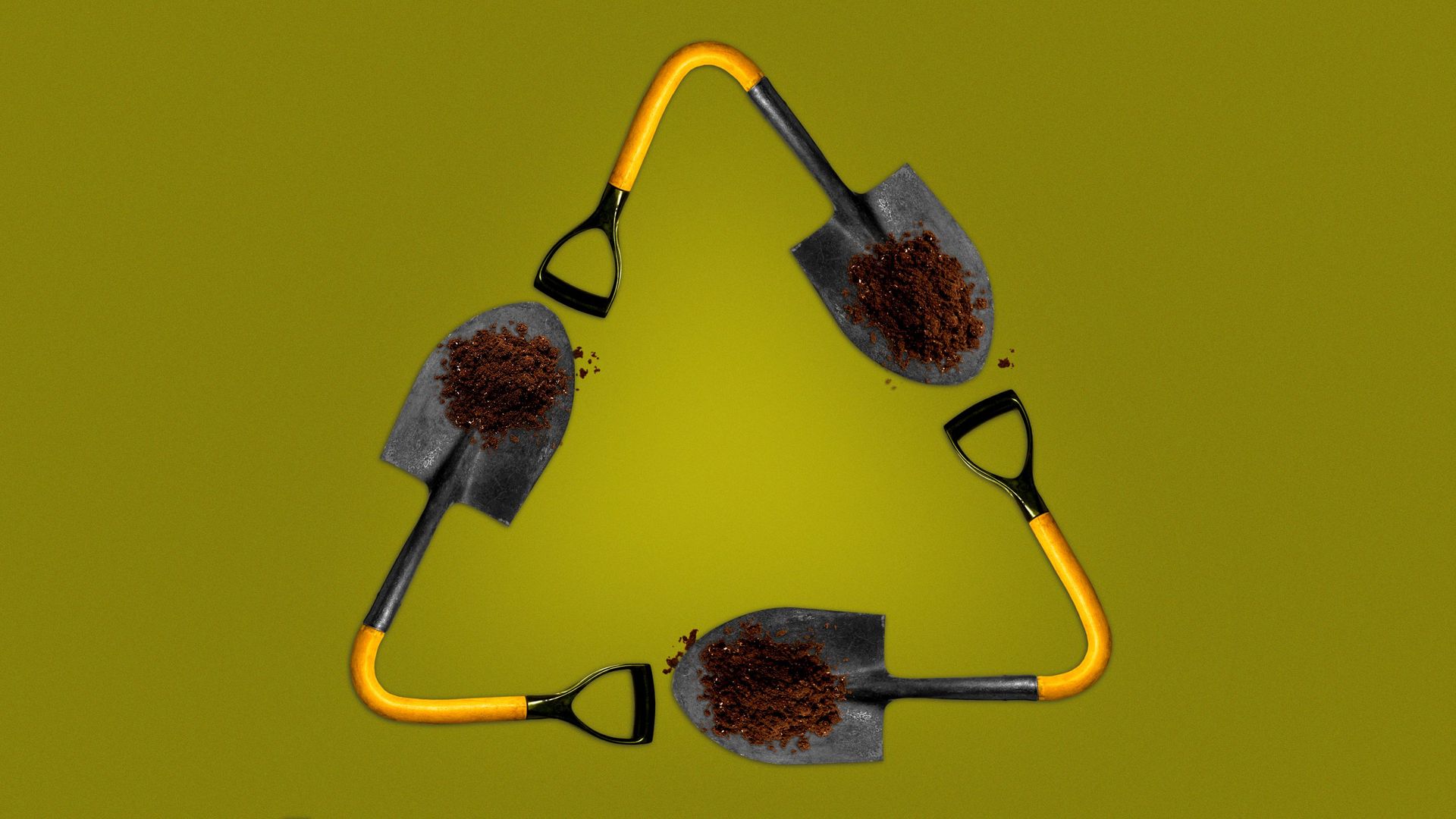 Illustration of a recycling symbol made out of shovels carrying dirt.