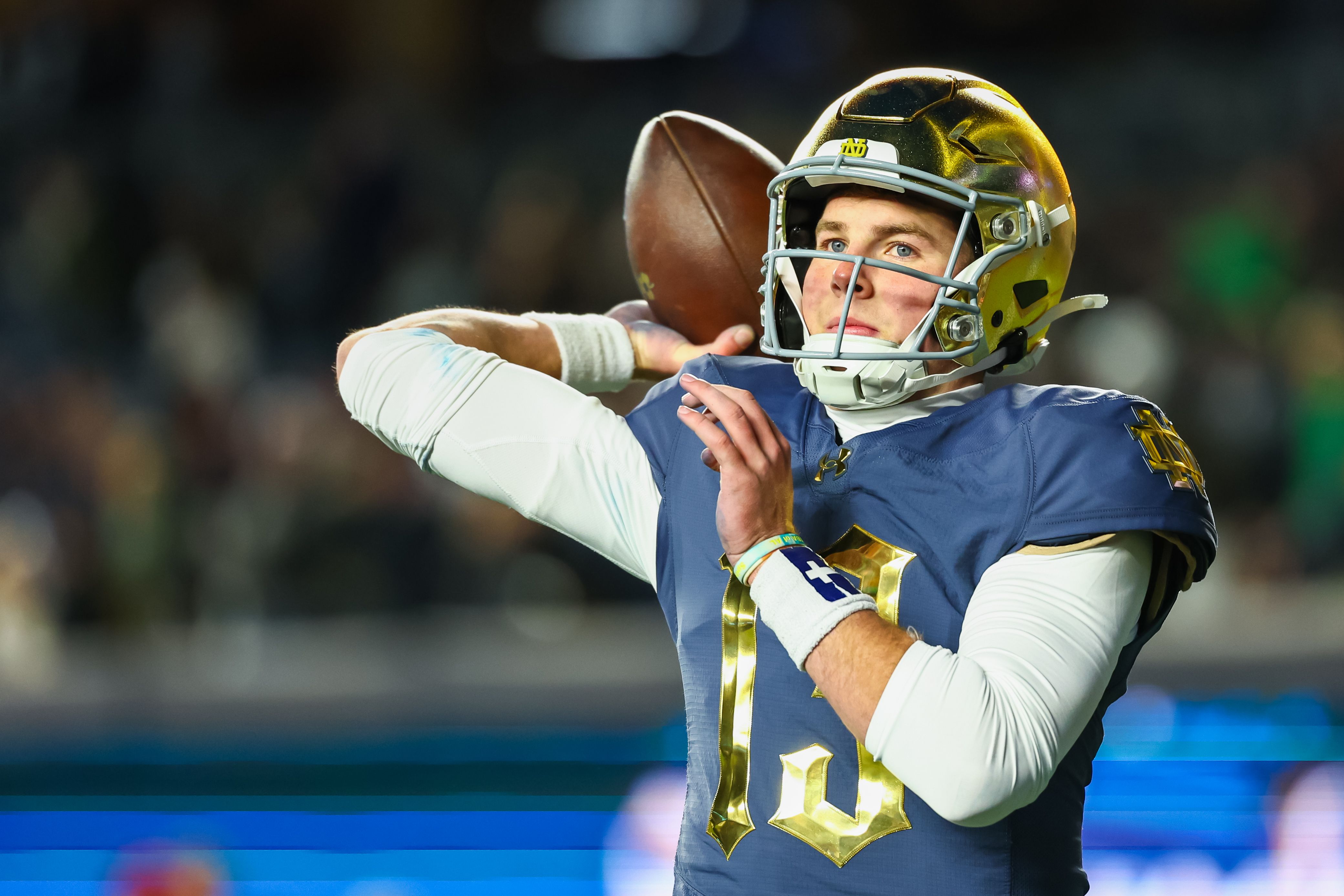 Riley Leonard #13 of the Notre Dame Fighting Irish warms up before the Shamrock Series against the Army Black Knights at Yankee Stadium on November 23, 2024 in New York City. (Photo by David Jensen/Getty Images)